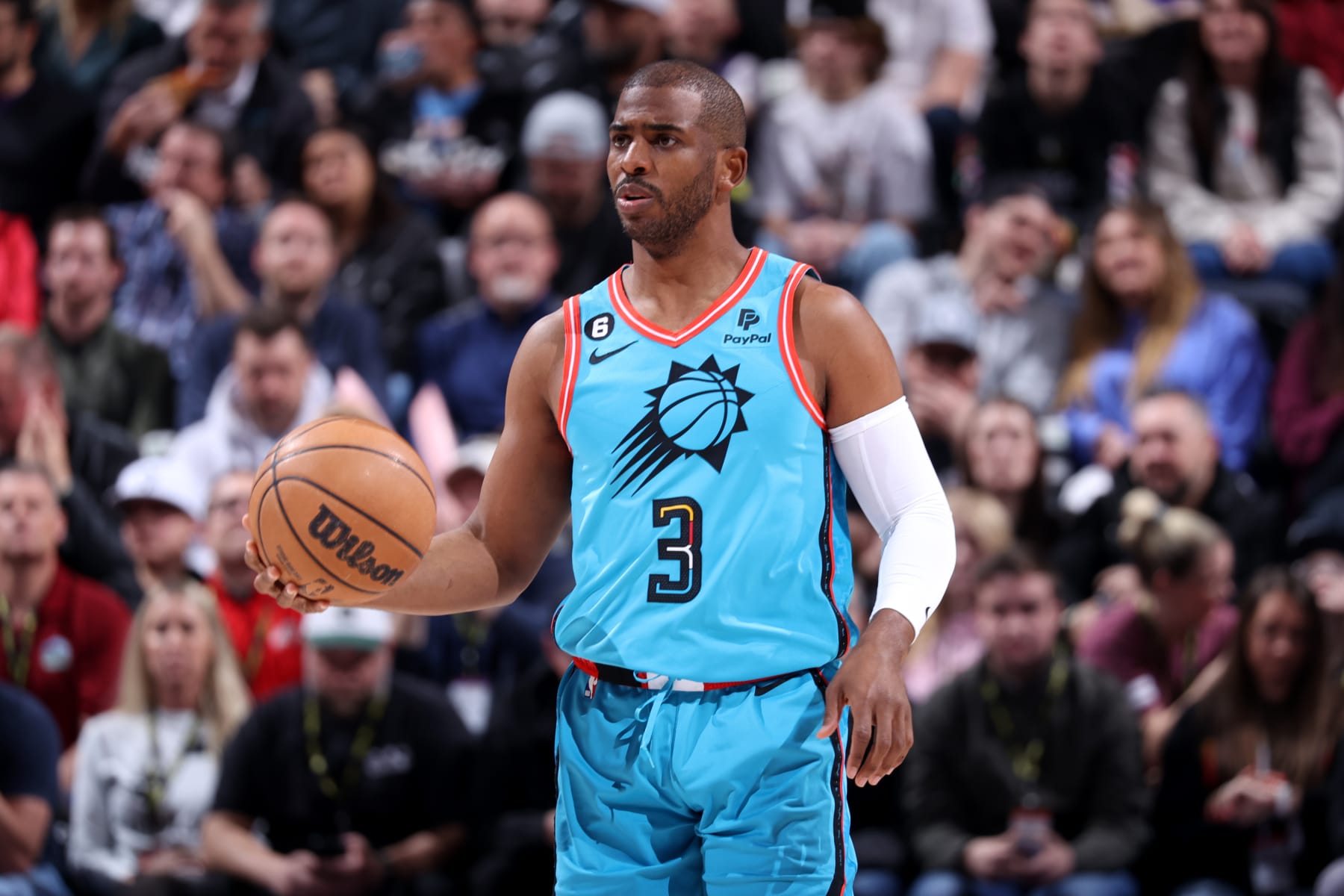 SALT LAKE CITY, UT - MARCH 27: Chris Paul #3 of the Phoenix Suns moves the ball during the game against the Utah Jazz on March 27, 2023 at vivint.SmartHome Arena in Salt Lake City, Utah. NOTE TO USER: User expressly acknowledges and agrees that, by downloading and or using this Photograph, User is consenting to the terms and conditions of the Getty Images License Agreement. Mandatory Copyright Notice: Copyright 2023 NBAE (Photo by Melissa Majchrzak/NBAE via Getty Images)