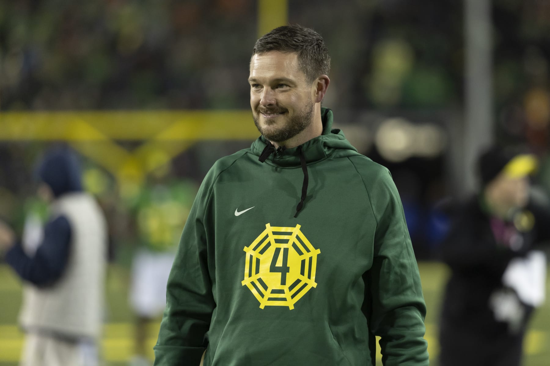EUGENE, OREGON - NOVEMBER 24: Head coach Dan Lanning of the Oregon Ducks stands on the field before their game against the Oregon State Beavers at Autzen Stadium on November 24, 2023 in Eugene, Oregon. (Photo by Tom Hauck/Getty Images)