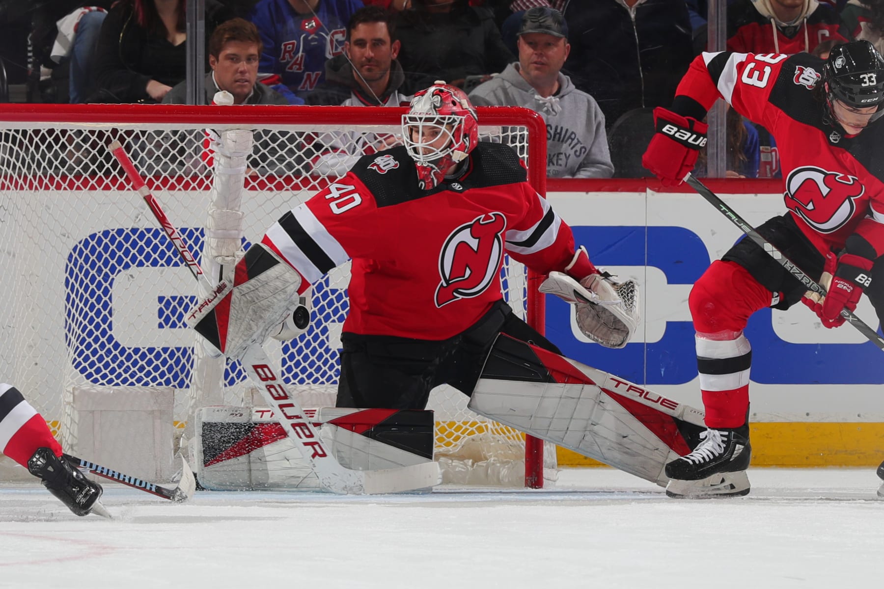 NEWARK, NJ - MAY 01:  Akira Schmid #40 of the New Jersey Devils defends his net in the first period of Game Seven of the First Round of the 2023 Stanley Cup Playoffs against the New York Rangers at the Prudential Center on May 1, 2023 in Newark, New Jersey.  (Photo by Rich Graessle/NHLI via Getty Images)
