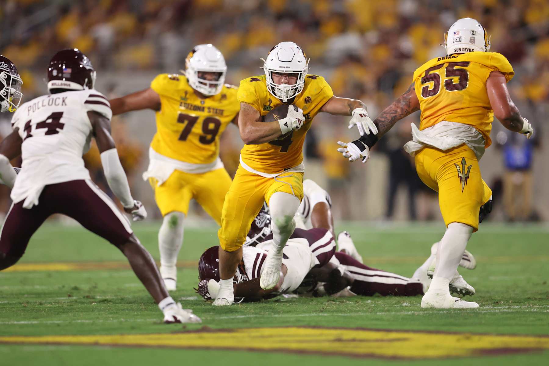 TEMPE, ARIZONA - SEPTEMBER 07: Running back Cam Skattebo #4 of the Arizona State Sun Devils runs during the second half against the Mississippi State Bulldogs at Mountain America Stadium on September 07, 2024 in Tempe, Arizona. (Photo by Chris Coduto/Getty Images)