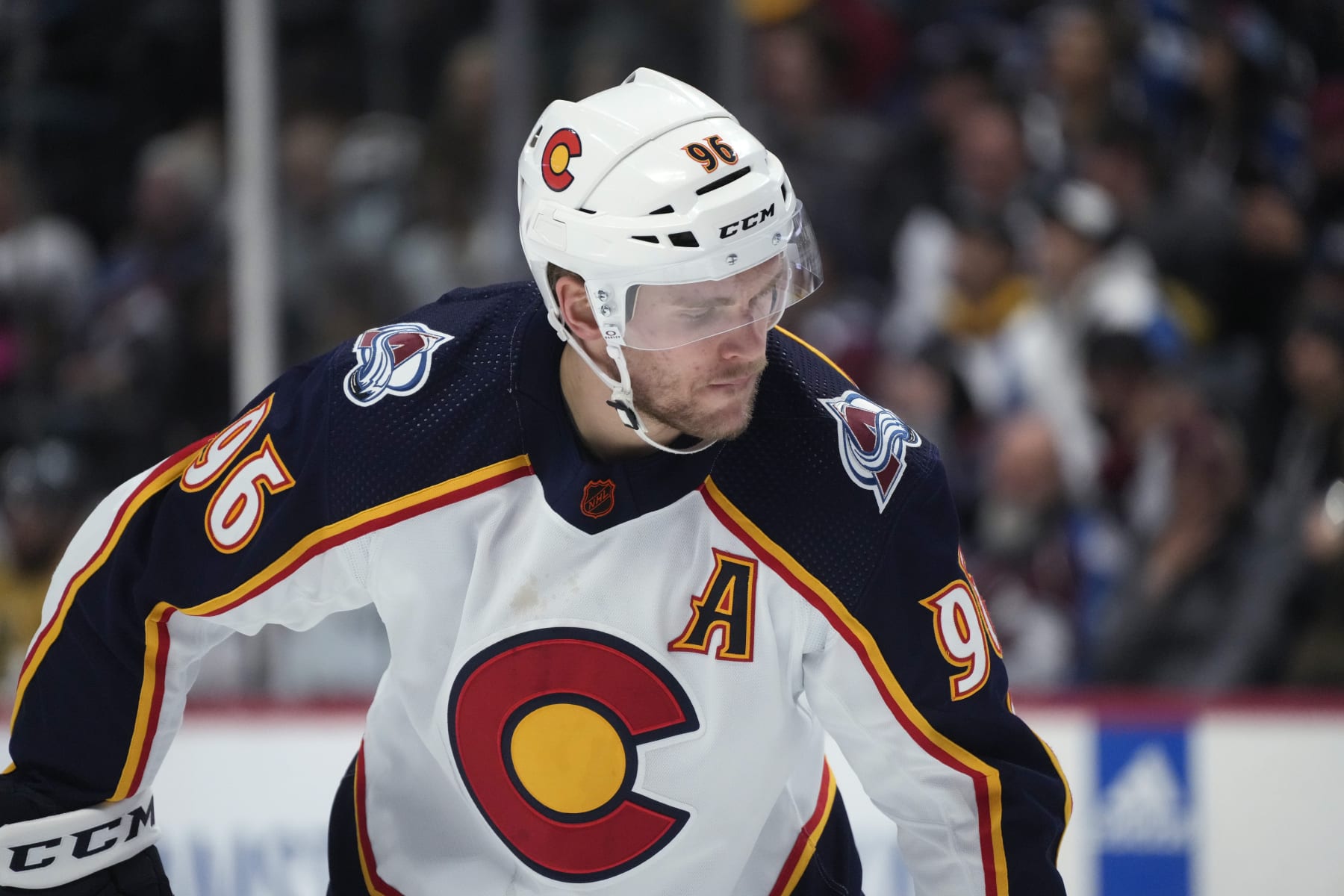 Colorado Avalanche right wing Mikko Rantanen (96) in the first period of an NHL hockey game Monday, Jan. 2, 2023, in Denver. (AP Photo/David Zalubowski)