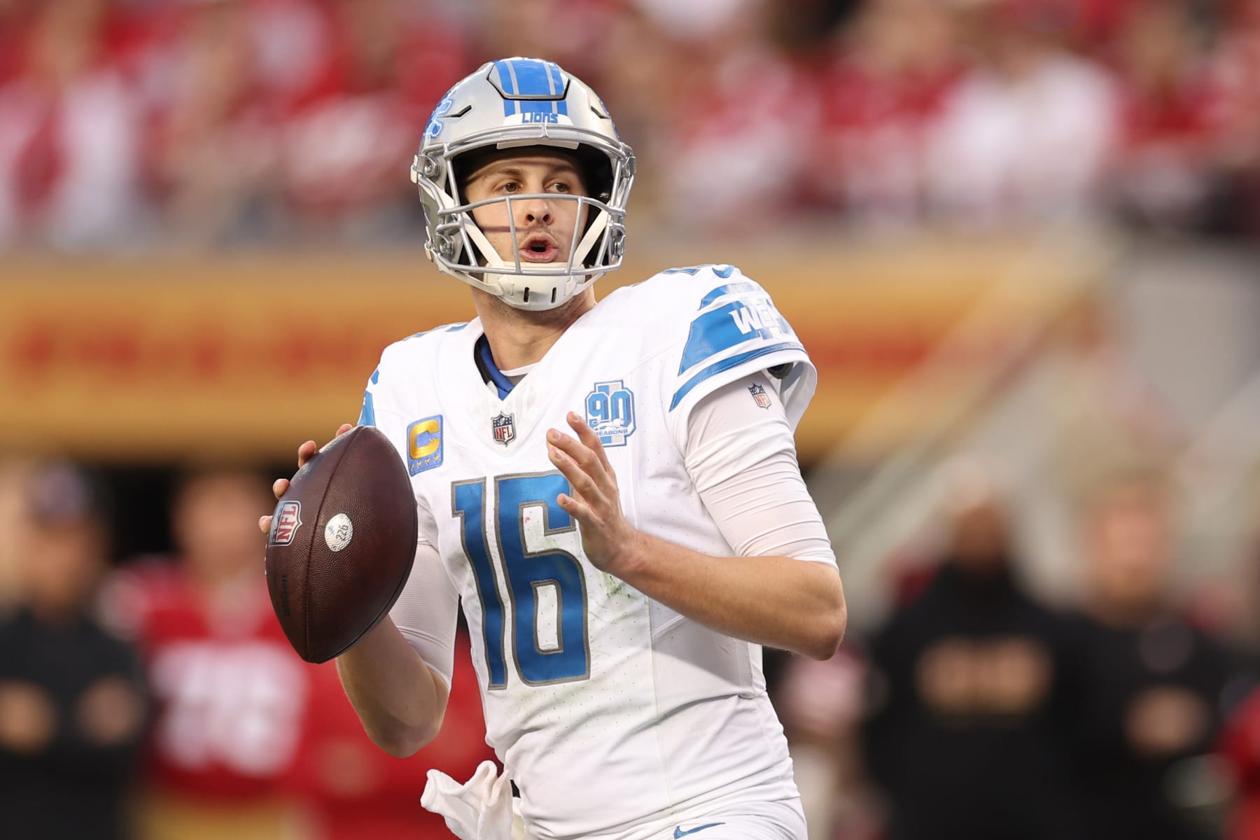 SANTA CLARA, CALIFORNIA - JANUARY 28: Jared Goff #16 of the Detroit Lions looks to throw the ball during the first half against the San Francisco 49ers in the NFC Championship Game at Levi's Stadium on January 28, 2024 in Santa Clara, California. (Photo by Ezra Shaw/Getty Images)