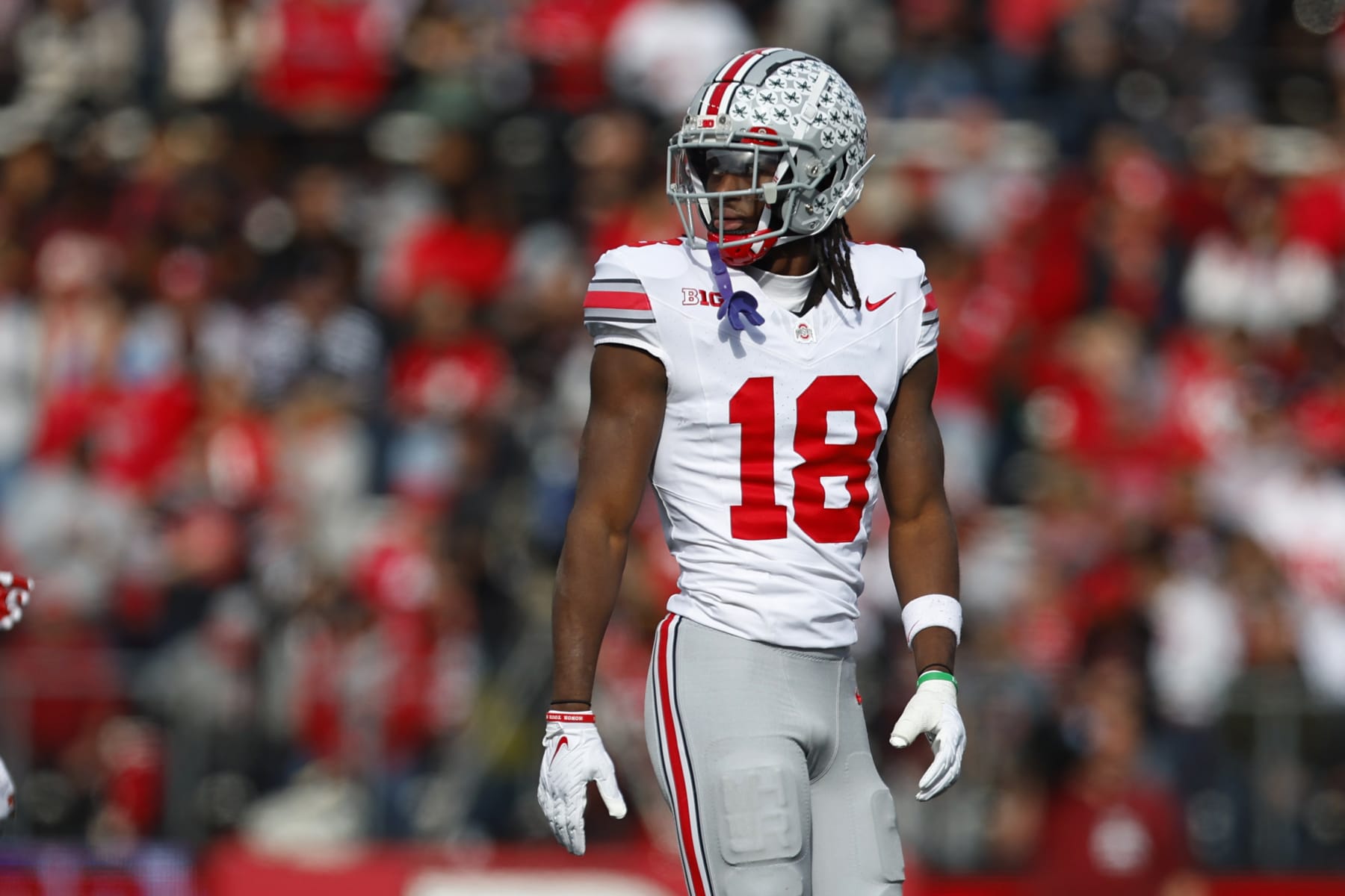 PISCATAWAY, NEW JERSEY - NOVEMBER 4: Wide receiver Marvin Harrison Jr. #18 of the Ohio State Buckeyes in action against the Rutgers Scarlet Knights during a college football game at SHI Stadium on November 4, 2023 in Piscataway, New Jersey. (Photo by Rich Schultz/Getty Images)