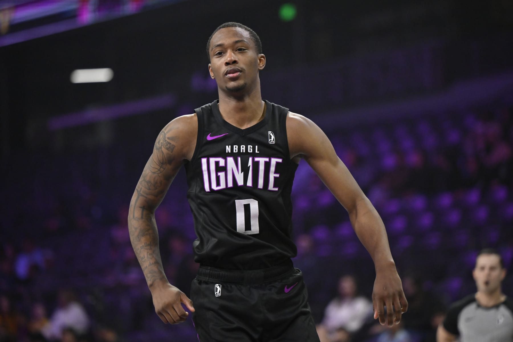 LAS VEGAS, NV - JANUARY 15: Ron Holland #0 of G League Ignite looks on during the game against the Mexico City Capitanes on January 15, 2024 at The Dollar Loan Center in Henderson, Nevada. NOTE TO USER: User expressly acknowledges and agrees that, by downloading and or using this photograph, User is consenting to the terms and conditions of the Getty Images License Agreement. Mandatory Copyright Notice: Copyright 2024 NBAE (Photo by David Becker/NBAE via Getty Images) LAS VEGAS, NV - JANUARY 15: Ron Holland #0 of G League Ignite looks on during the game against the Mexico City Capitanes on January 15, 2024 at The Dollar Loan Center in Henderson, Nevada. NOTE TO USER: User expressly acknowledges and agrees that, by downloading and or using this photograph, User is consenting to the terms and conditions of the Getty Images License Agreement. Mandatory Copyright Notice: Copyright 2024 NBAE (Photo by David Becker/NBAE via Getty Images)