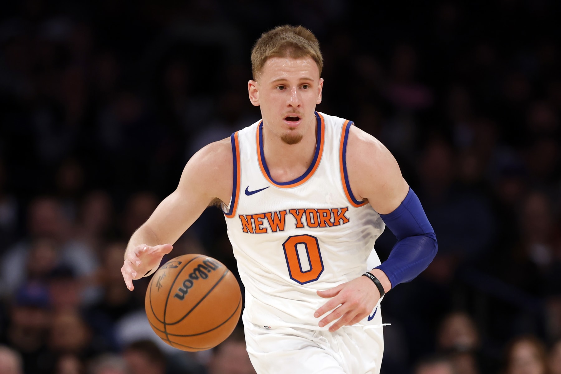 NEW YORK, NEW YORK - OCTOBER 09: Donte DiVincenzo #0 of the New York Knicks dribbles during the second half of a preseason game against the Boston Celtics at Madison Square Garden on October 09, 2023 in New York City. The Knicks won 114-107. NOTE TO USER: User expressly acknowledges and agrees that, by downloading and or using this photograph, User is consenting to the terms and conditions of the Getty Images License Agreement. (Photo by Sarah Stier/Getty Images)