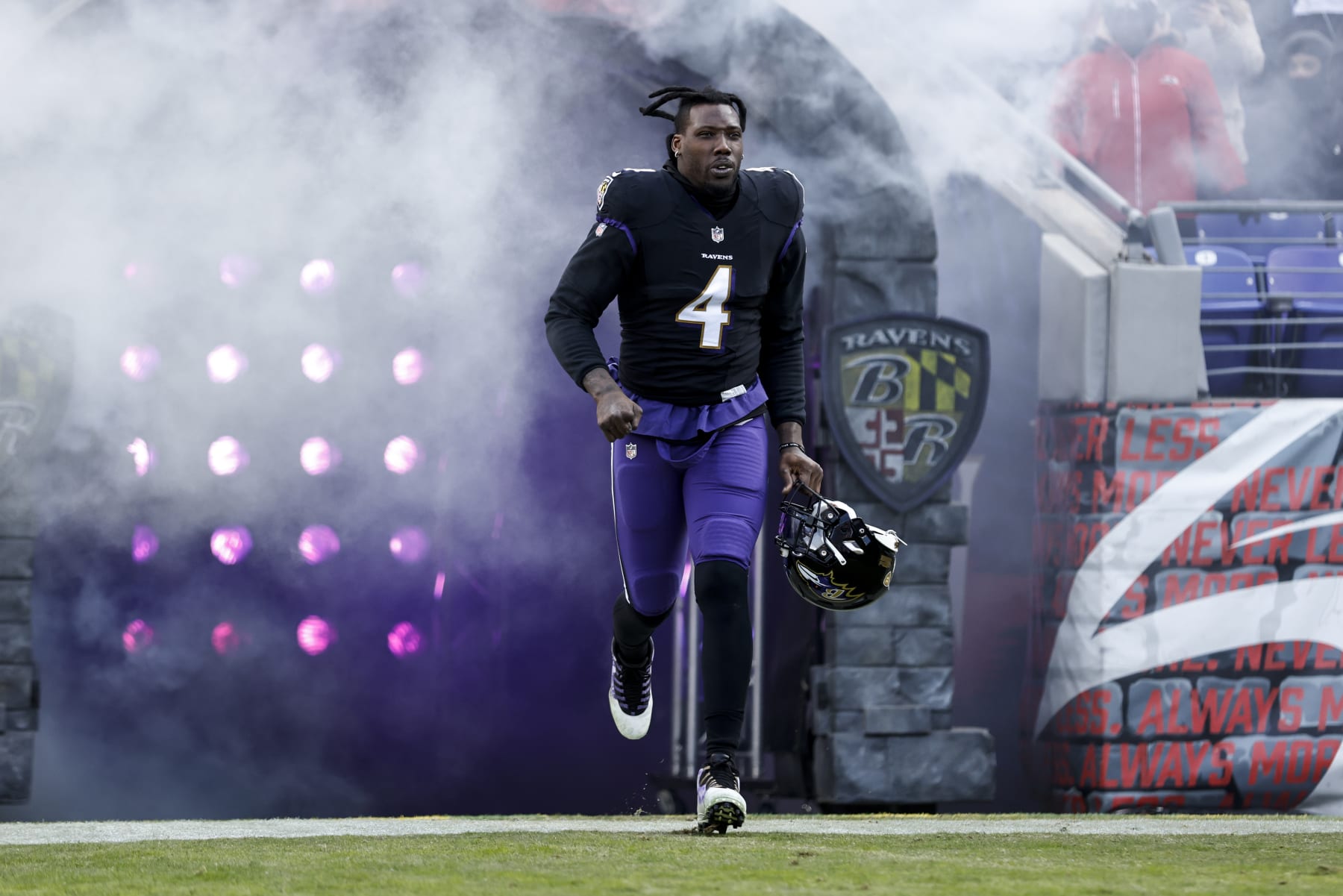 BALTIMORE, MARYLAND - DECEMBER 24: Jason Pierre-Paul #4 of the Baltimore Ravens takes the field prior to an NFL football game between the Baltimore Ravens and the Atlanta Falcons at M&T Bank Stadium on December 24, 2022 in Baltimore, Maryland. (Photo by Michael Owens/Getty Images)