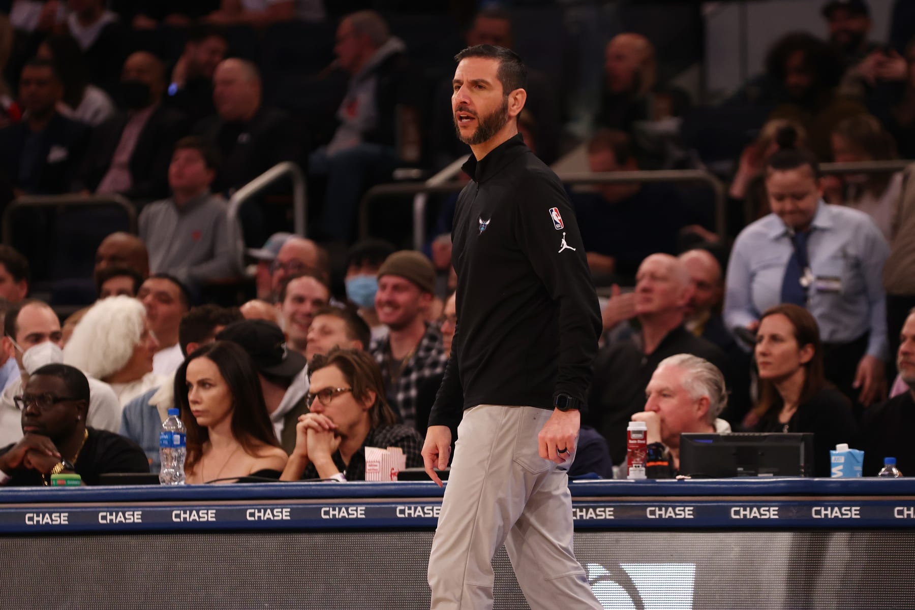 NEW YORK, NEW YORK - MARCH 30: Head Coach James Borrego of the Charlotte Hornets in action against the New York Knicks at Madison Square Garden on March 30, 2022 in New York City. NOTE TO USER: User expressly acknowledges and agrees that, by downloading and or using this photograph, User is consenting to the terms and conditions of the Getty Images License Agreement. Charlotte Hornets defeated the New York Knicks 125-114. (Photo by Mike Stobe/Getty Images)