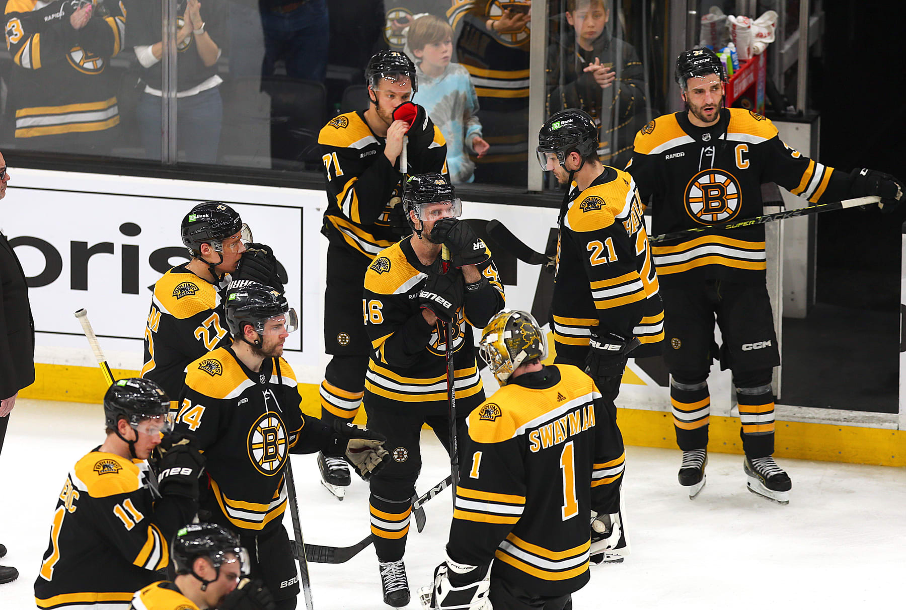 Boston, MA - April 30: Boston Bruins players mill around on the ice after the game. The Bruins lost to the Florida Panthers, 4-3, in Game 7 of their Eastern Conference First Round Series. (Photo by John Tlumacki/The Boston Globe via Getty Images)