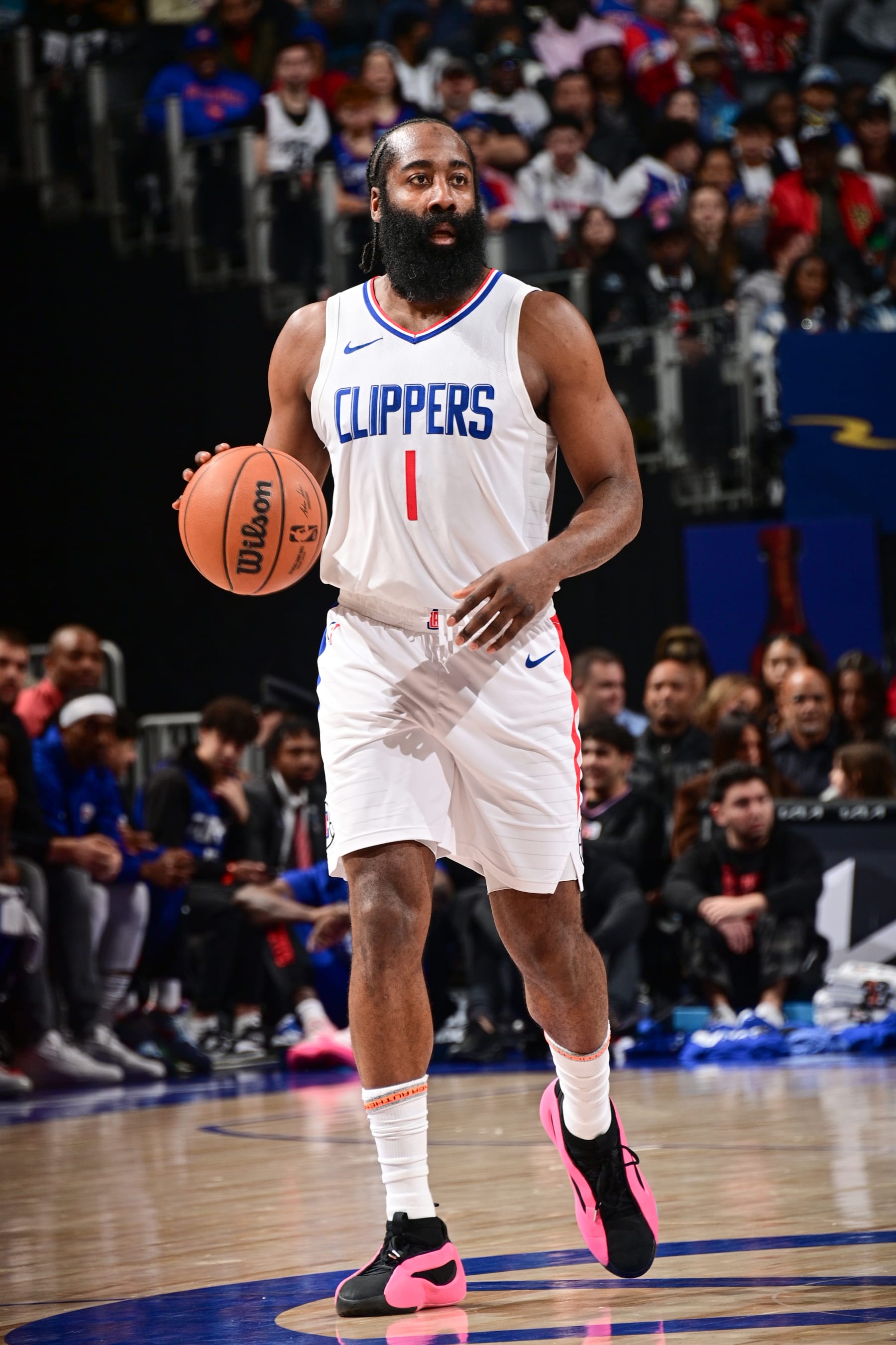 DETROIT, MI - FEBRUARY 2: James Harden #1 of the LA Clippers handles the ball during the game  on February 2, 2024 at Little Caesars Arena in Detroit, Michigan. NOTE TO USER: User expressly acknowledges and agrees that, by downloading and/or using this photograph, User is consenting to the terms and conditions of the Getty Images License Agreement. Mandatory Copyright Notice: Copyright 2024 NBAE (Photo by Chris Schwegler/NBAE via Getty Images)