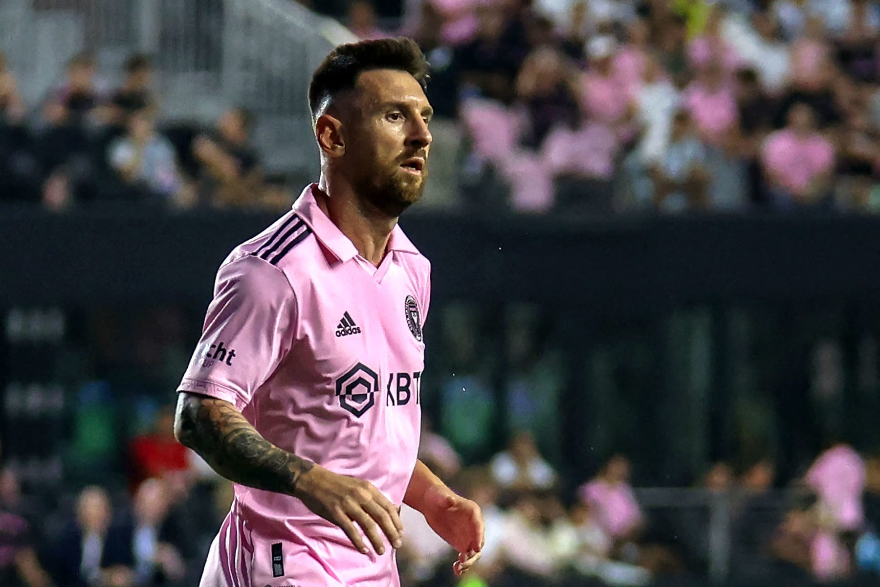 Inter Miami's Argentine forward #10 Lionel Messi runs for the ball during the Major League Soccer (MLS) football match between Inter Miami CF and Nashville SC at DRV PNK Stadium in Fort Lauderdale, Florida, on August 30, 2023. (Photo by Chris Arjoon / AFP) (Photo by CHRIS ARJOON/AFP via Getty Images)