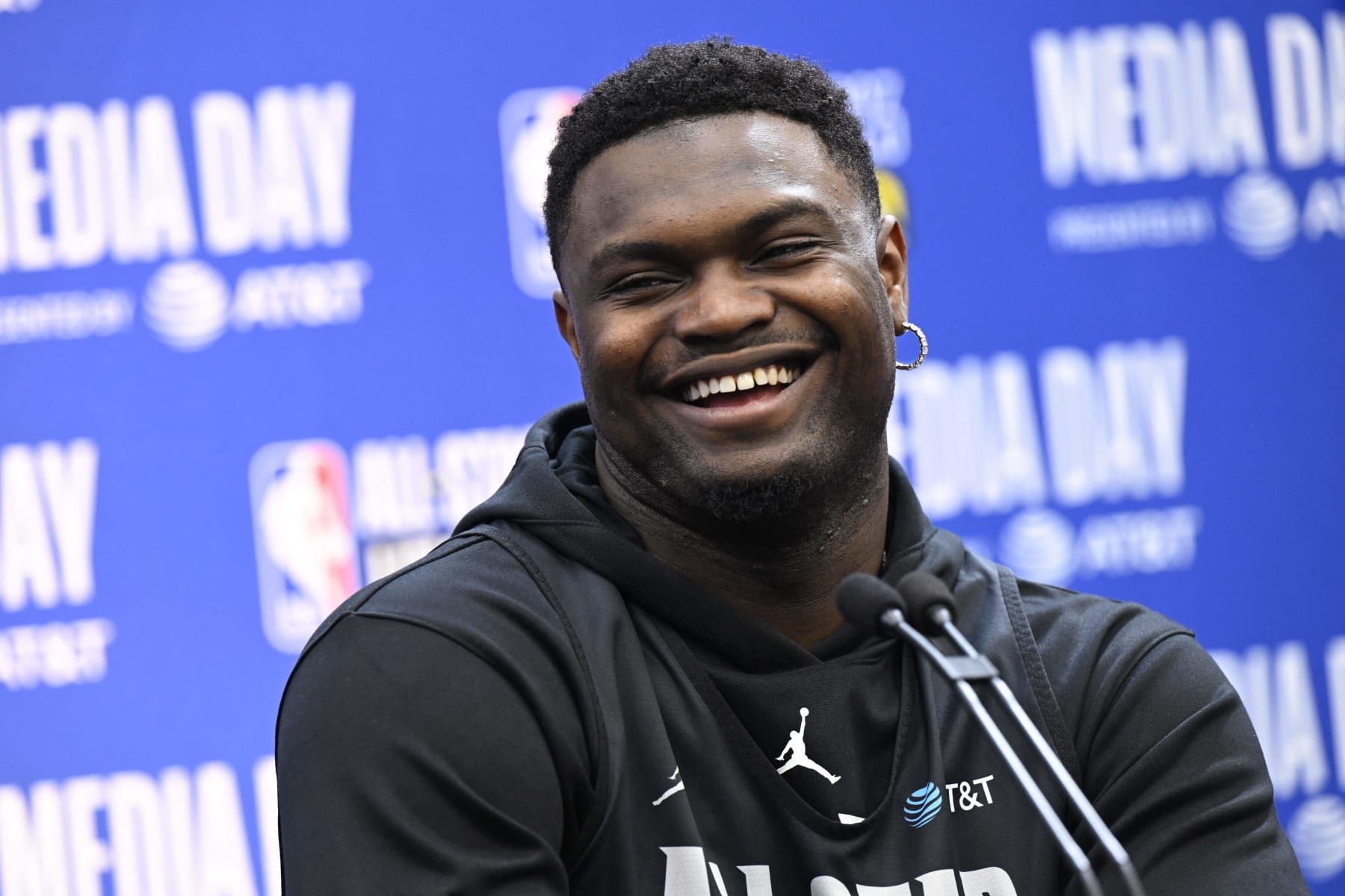 Zion Williamson, of the New Orleans Pelicans, speaks during a media availability as part of the 2023 NBA All-Star Weekend in Salt Lake City, Utah, on February 18, 2023. (Photo by Patrick T. Fallon / AFP) (Photo by PATRICK T. FALLON/AFP via Getty Images)