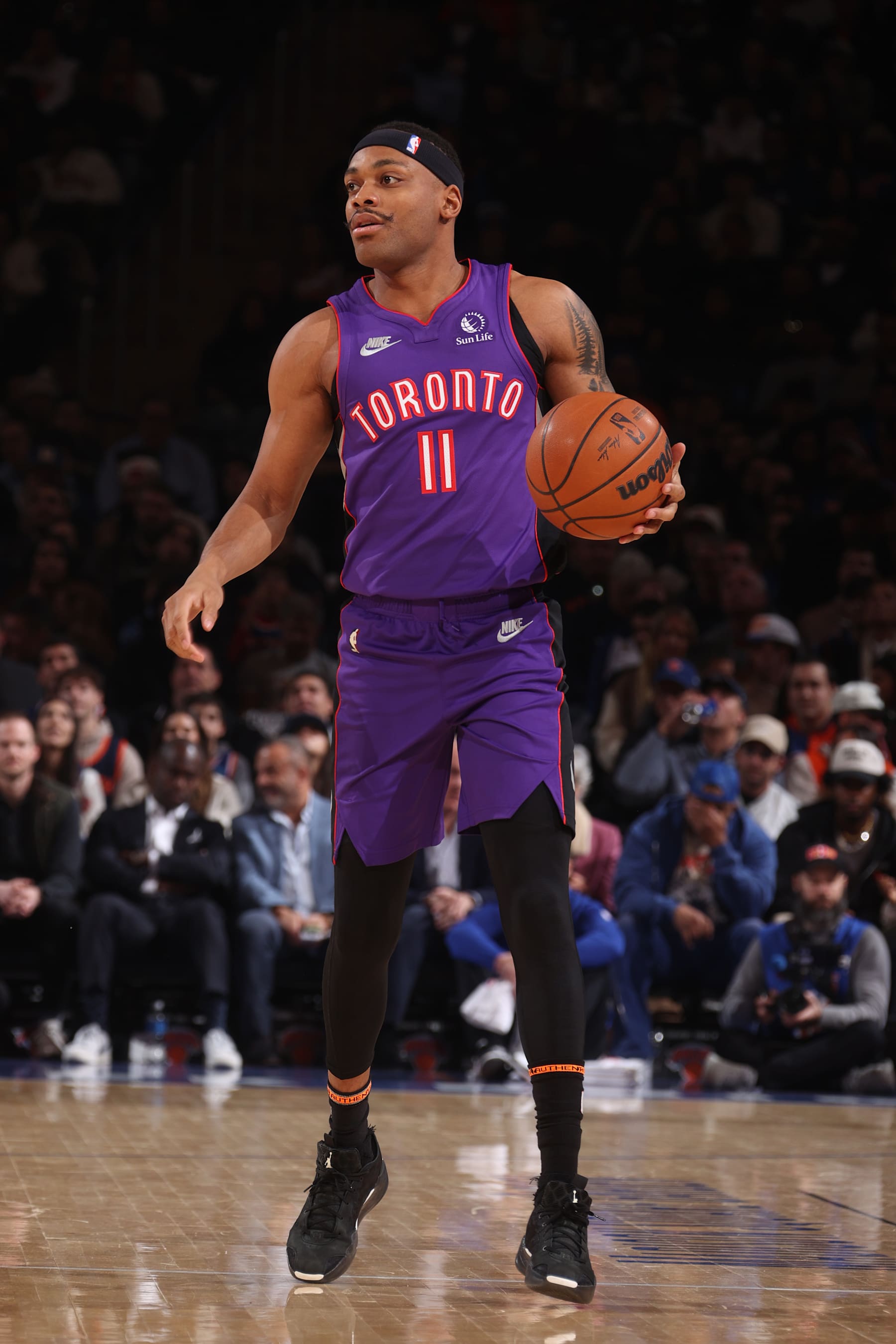 NEW YORK, NY - JANUARY 8:  Bruce Brown #11 of the Toronto Raptors dribbles the ball during the game against the New York Knicks  on January 8, 2025 at Madison Square Garden in New York City, New York.  NOTE TO USER: User expressly acknowledges and agrees that, by downloading and or using this photograph, User is consenting to the terms and conditions of the Getty Images License Agreement. Mandatory Copyright Notice: Copyright 2024 NBAE  (Photo by Nathaniel S. Butler/NBAE via Getty Images)