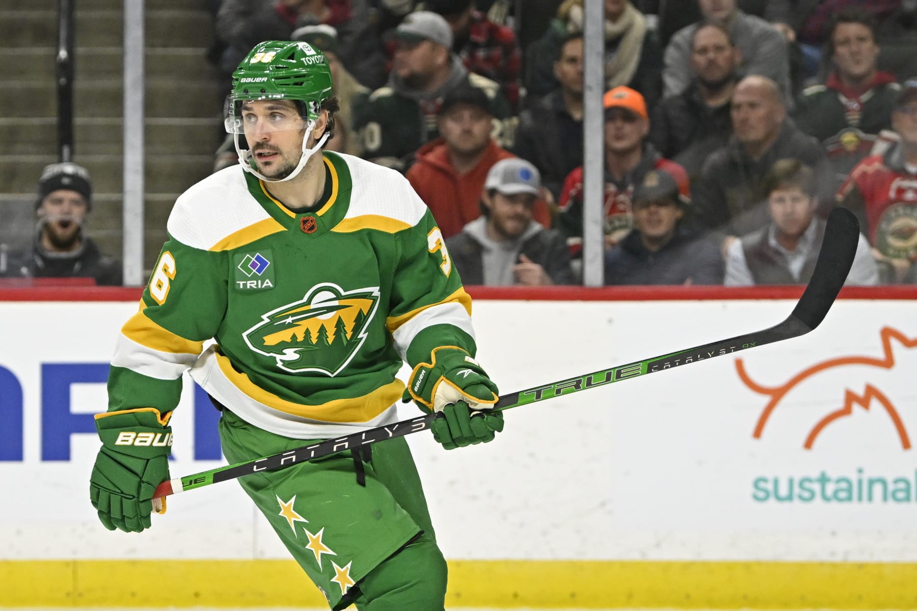 ST. PAUL, MN - JANUARY 04: Minnesota Wild Right Wing Mats Zuccarello (36) follows the play during a game between the Minnesota Wild and Tampa Bay Lightning on January 4, 2023, at Xcel Energy Center in St. Paul, MN.(Photo by Nick Wosika/Icon Sportswire via Getty Images)
