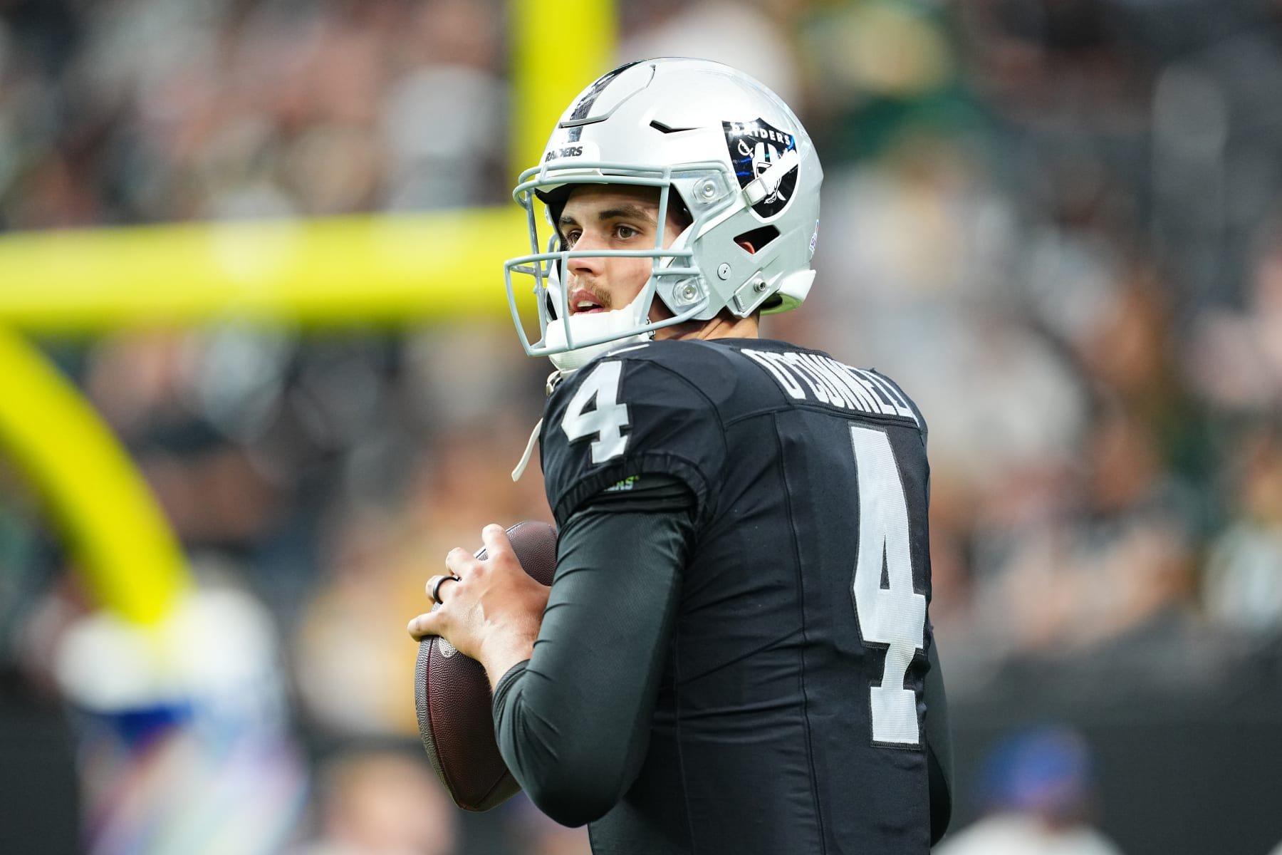LAS VEGAS, NEVADA - OCTOBER 09: Quarterback Aidan O'Connell #4 of the Las Vegas Raiders warms up before a game against the Green Bay Packers at Allegiant Stadium on October 09, 2023 in Las Vegas, Nevada. (Photo by Chris Unger/Getty Images)
