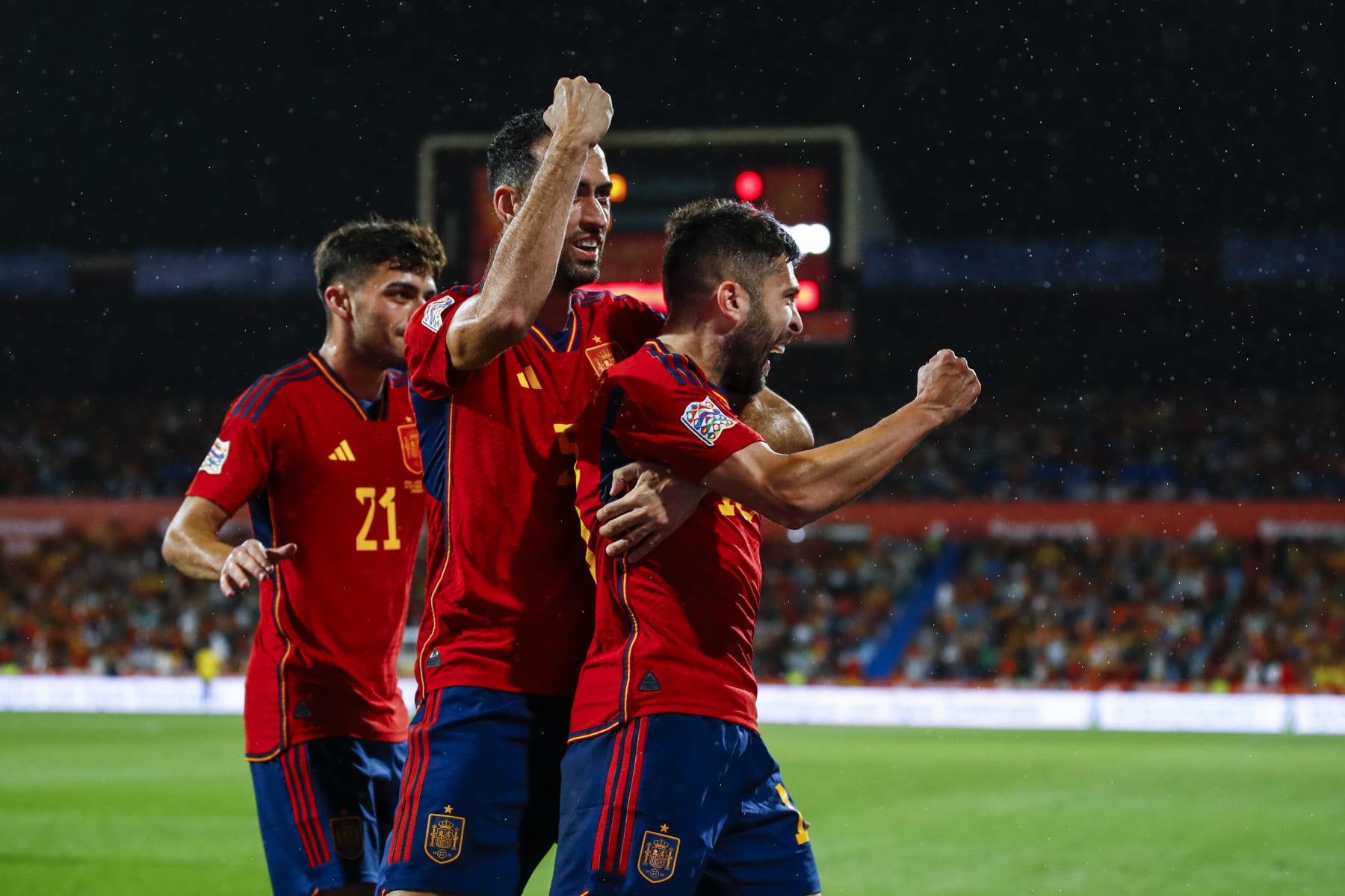 ZARAGOZA, SPAIN - SEPTEMBER 24: Jordi Alba of Spain, Pedri of Spain, Sergio Busquets of Spain celebrates after scoring his team's first goal during the UEFA Nations League League A Group 2 match between Spain and Switzerland at La Romareda on September 24, 2022 in Zaragoza, Spain. (Photo by Xavi Bonilla/DeFodi Images via Getty Images)