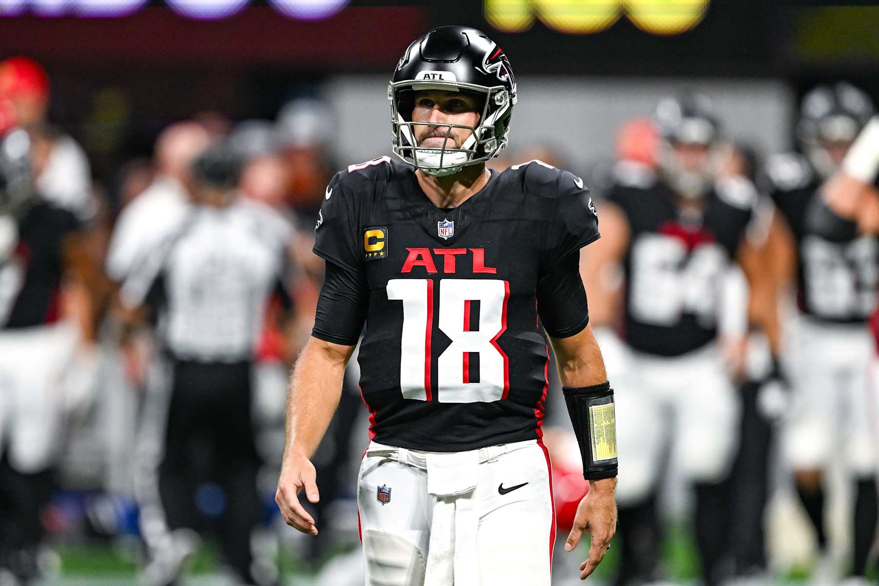 ATLANTA, GA  SEPTEMBER 22:  Atlanta quarterback Kirk Cousins (18) reacts after fumbling the ball during the NFL game between the Kansas City Chiefs and the Atlanta Falcons on September 22nd, 2024 at Mercedes-Benz Stadium in Atlanta, GA.  (Photo by Rich von Biberstein/Icon Sportswire via Getty Images)