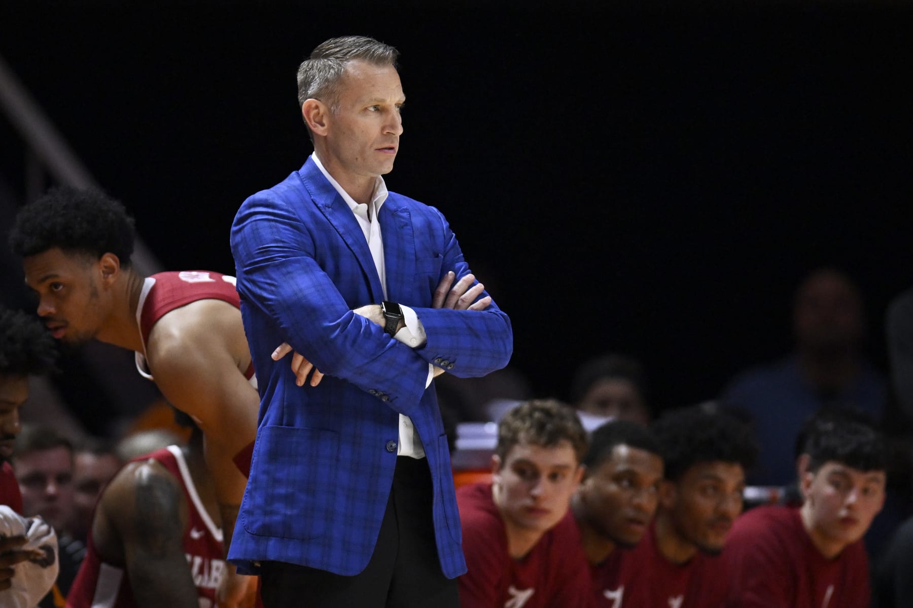 KNOXVILLE, TENNESSEE - FEBRUARY 15: Head coach Nate Oats of the Alabama Crimson Tide stands on the sidelines against the Tennessee Volunteers in the first half at Thompson-Boling Arena on February 15, 2023 in Knoxville, Tennessee. (Photo by Eakin Howard/Getty Images)