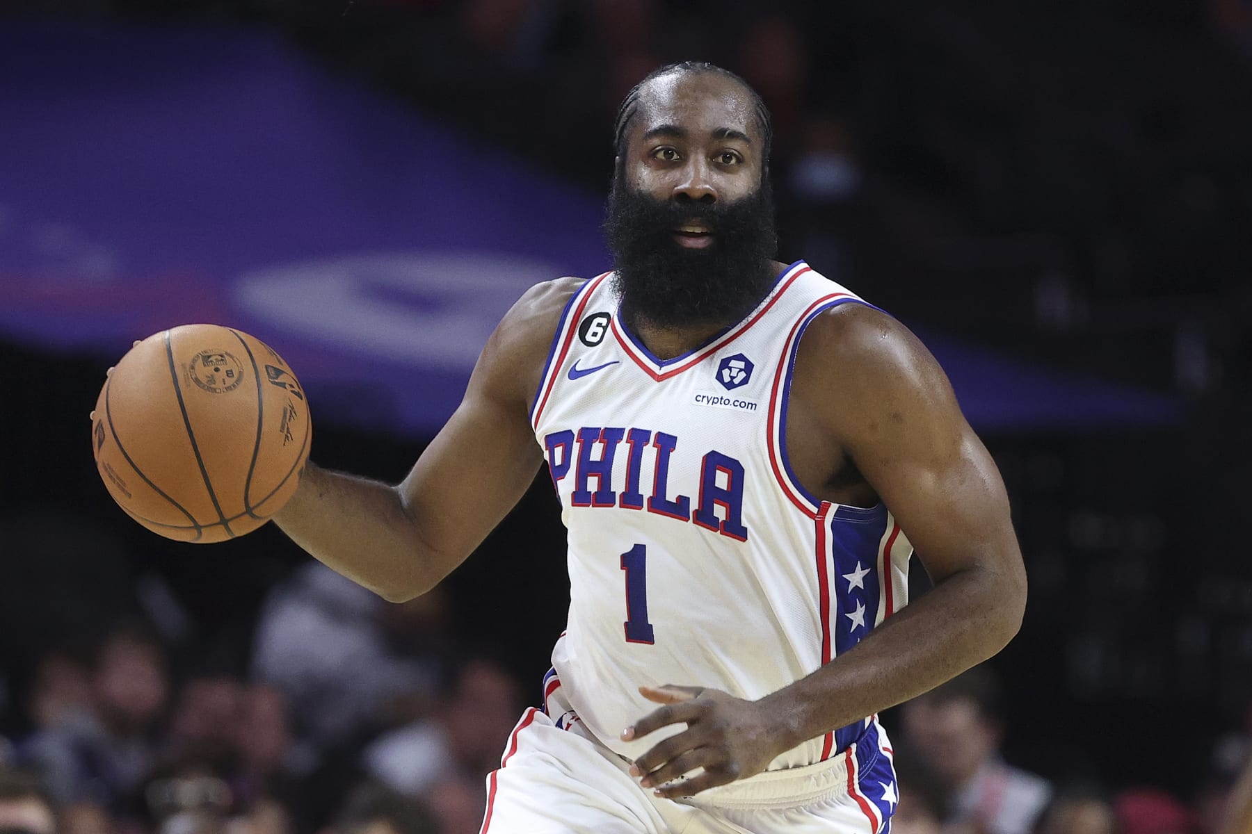 PHILADELPHIA, PENNSYLVANIA - OCTOBER 05: James Harden #1 of the Philadelphia 76ers dribbles during the first quarter against the Cleveland Cavaliers at Wells Fargo Center on October 05, 2022 in Philadelphia, Pennsylvania. NOTE TO USER: User expressly acknowledges and agrees that, by downloading and or using this photograph, User is consenting to the terms and conditions of the Getty Images License Agreement. (Photo by Tim Nwachukwu/Getty Images)
