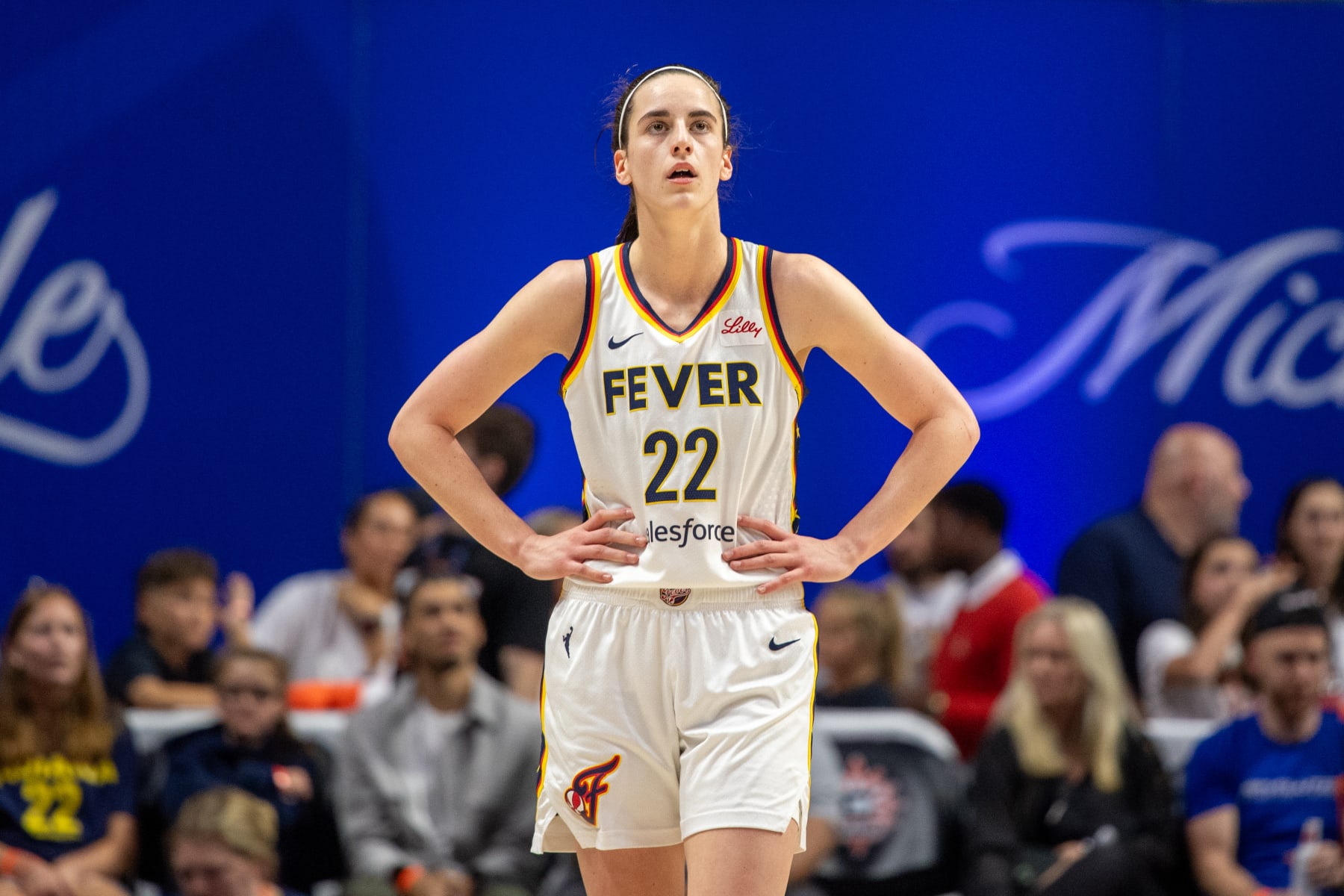 UNCASVILLE, CT - JUNE 10: Indiana Fever guard Caitlin Clark (22) looks on during a WNBA Commissioner's Cup game between the Indiana Fever and the Connecticut Sun on June 10, 2024, at Mohegan Sun Arena in Uncasville, CT. (Photo by Erica Denhoff/Icon Sportswire via Getty Images)