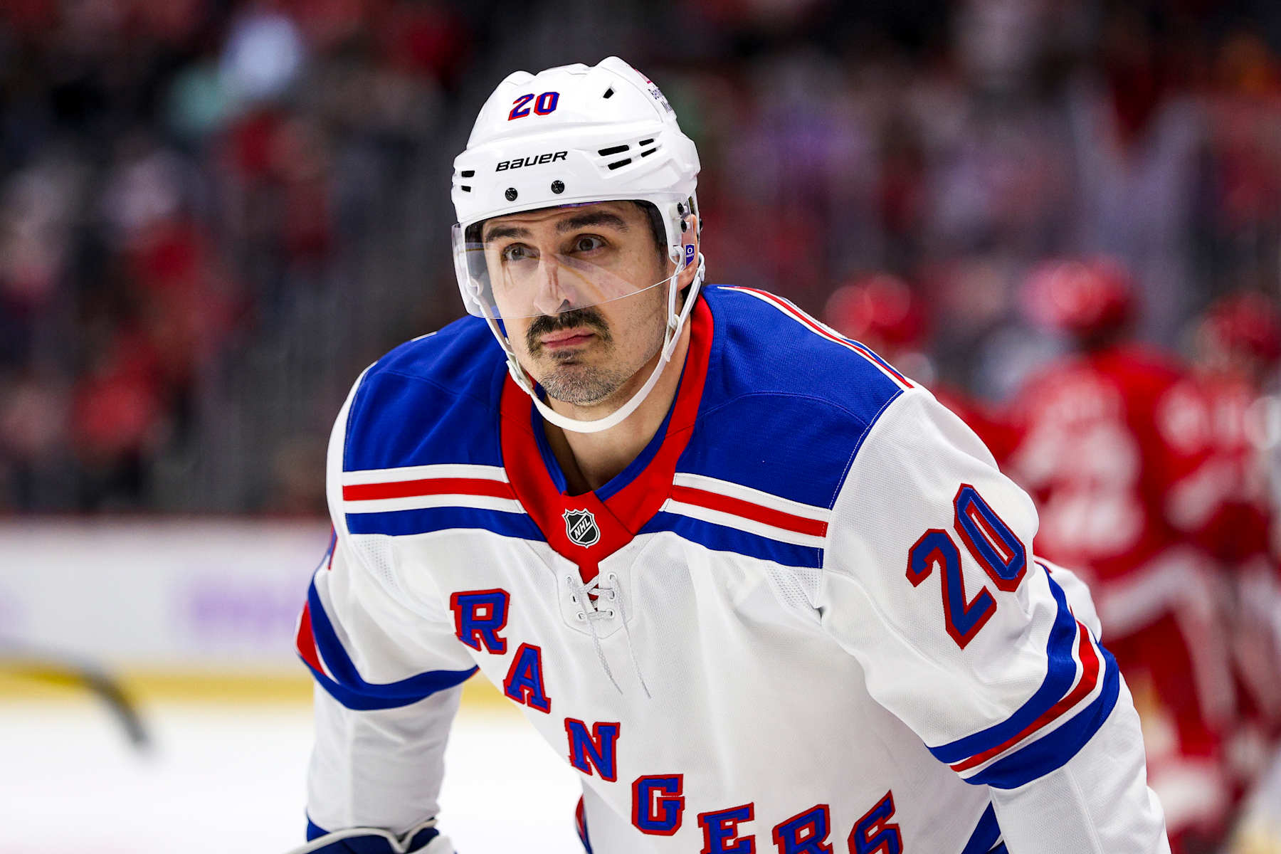 DETROIT, MICHIGAN - NOVEMBER 09: Chris Kreider #20 of the New York Rangers looks on during a timeout in the third period of a game against the Detroit Red Wings at Little Caesars Arena on November 09, 2024 in Detroit, Michigan. (Photo by Mike Mulholland/Getty Images)