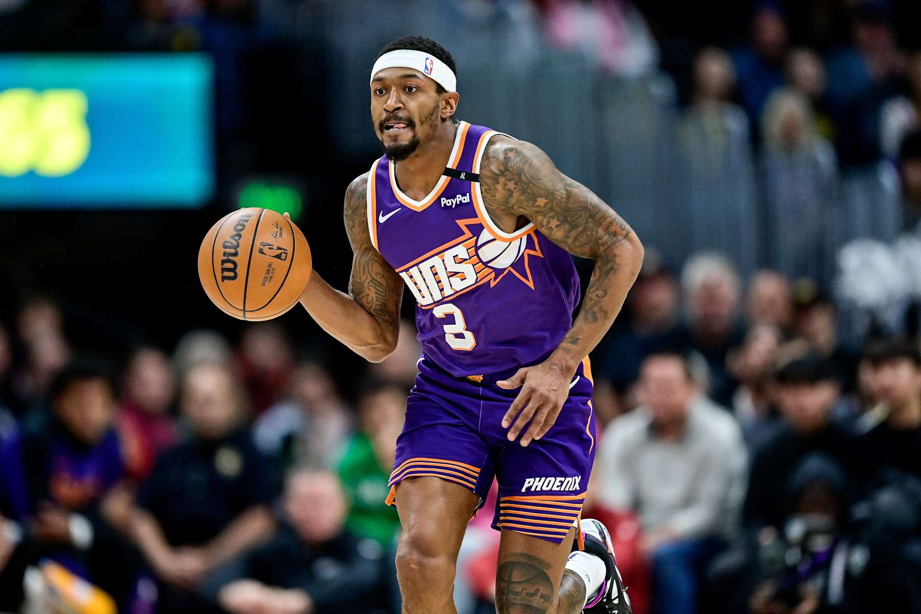 DENVER, COLORADO - DECEMBER 23: Bradley Beal #3 of the Phoenix Suns dribbles against the Denver Nuggets in the first half at Ball Arena on December 23, 2024, 2024 in Denver, Colorado. NOTE TO USER: User expressly acknowledges and agrees that, by downloading and or using this photograph, User is consenting to the terms and conditions of the Getty Images License Agreement. (Photo by Dustin Bradford/Getty Images)