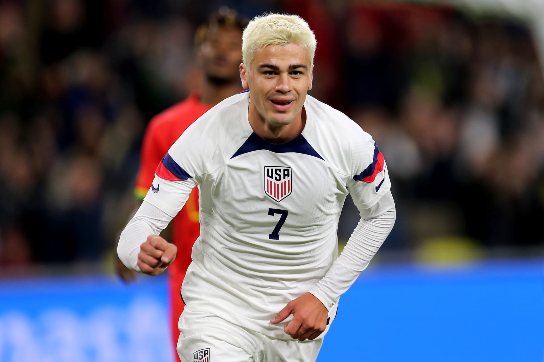 NASHVILLE, TENNESSEE - OCTOBER 17: Gio Reyna #7 of the United States celebrates scoring during the first half against Ghana during an international friendly at GEODIS Park on October 17, 2023 in Nashville, Tennessee. (Photo by Erin Chang/ISI Photos/USSF/Getty Images for USSF)
