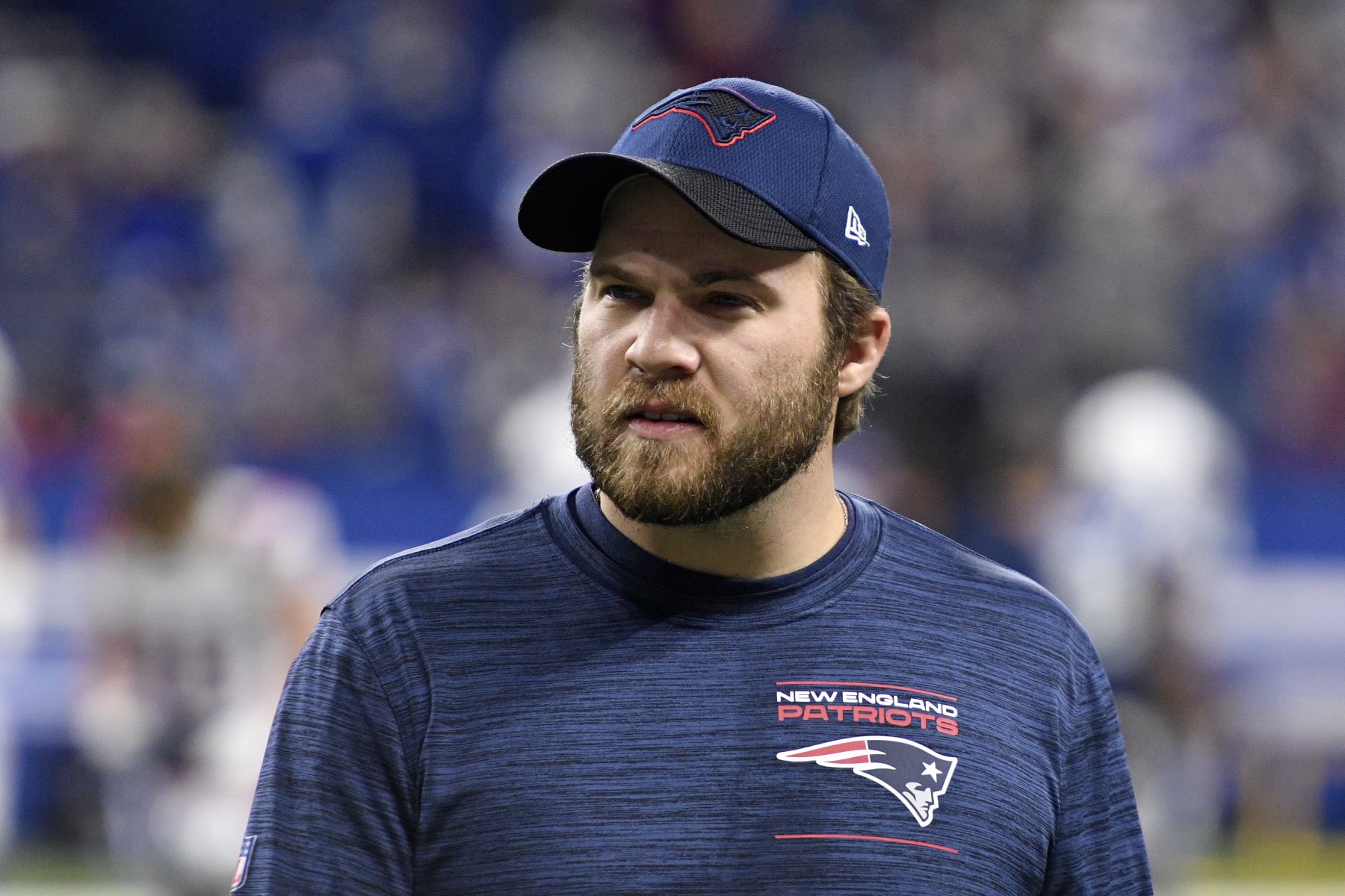 INDIANAPOLIS, IN - DECEMBER 18: New England Patriots safeties coach Brian Belichick looks on before the NFL football game between the New England Patriots and the Indianapolis Colts on December 18, 2021, at Lucas Oil Stadium in Indianapolis, Indiana. (Photo by Michael Allio/Icon Sportswire via Getty Images)