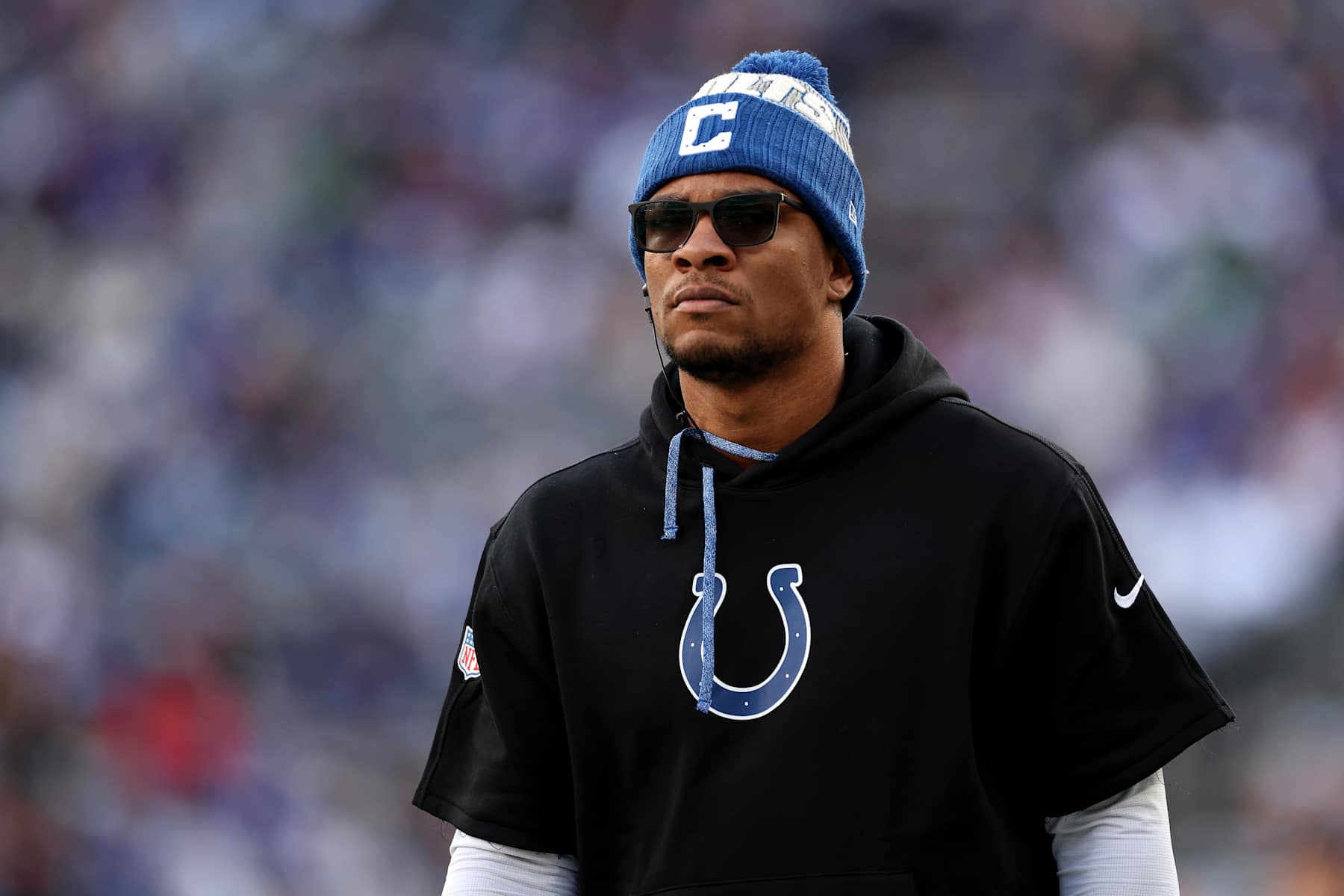 EAST RUTHERFORD, NEW JERSEY - DECEMBER 29: Anthony Richardson #5 of the Indianapolis Colts looks on against the New York Giants at MetLife Stadium on December 29, 2024 in East Rutherford, New Jersey. (Photo by Luke Hales/Getty Images)