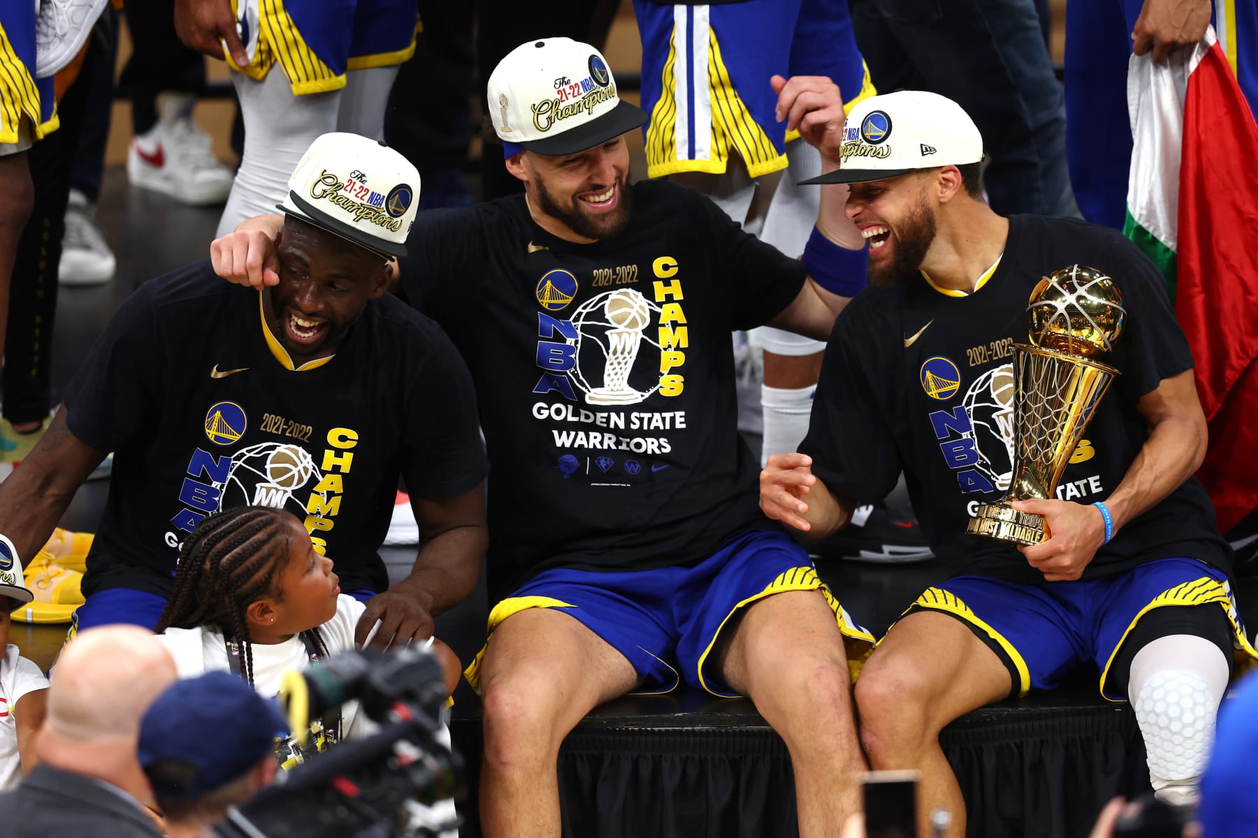 BOSTON, MASSACHUSETTS - JUNE 16: Draymond Green #23, Klay Thompson #11 and Stephen Curry #30 of the Golden State Warriors laugh together after defeating the Boston Celtics 103-90 in Game Six of the 2022 NBA Finals at TD Garden on June 16, 2022 in Boston, Massachusetts. NOTE TO USER: User expressly acknowledges and agrees that, by downloading and/or using this photograph, User is consenting to the terms and conditions of the Getty Images License Agreement. (Photo by Adam Glanzman/Getty Images)
