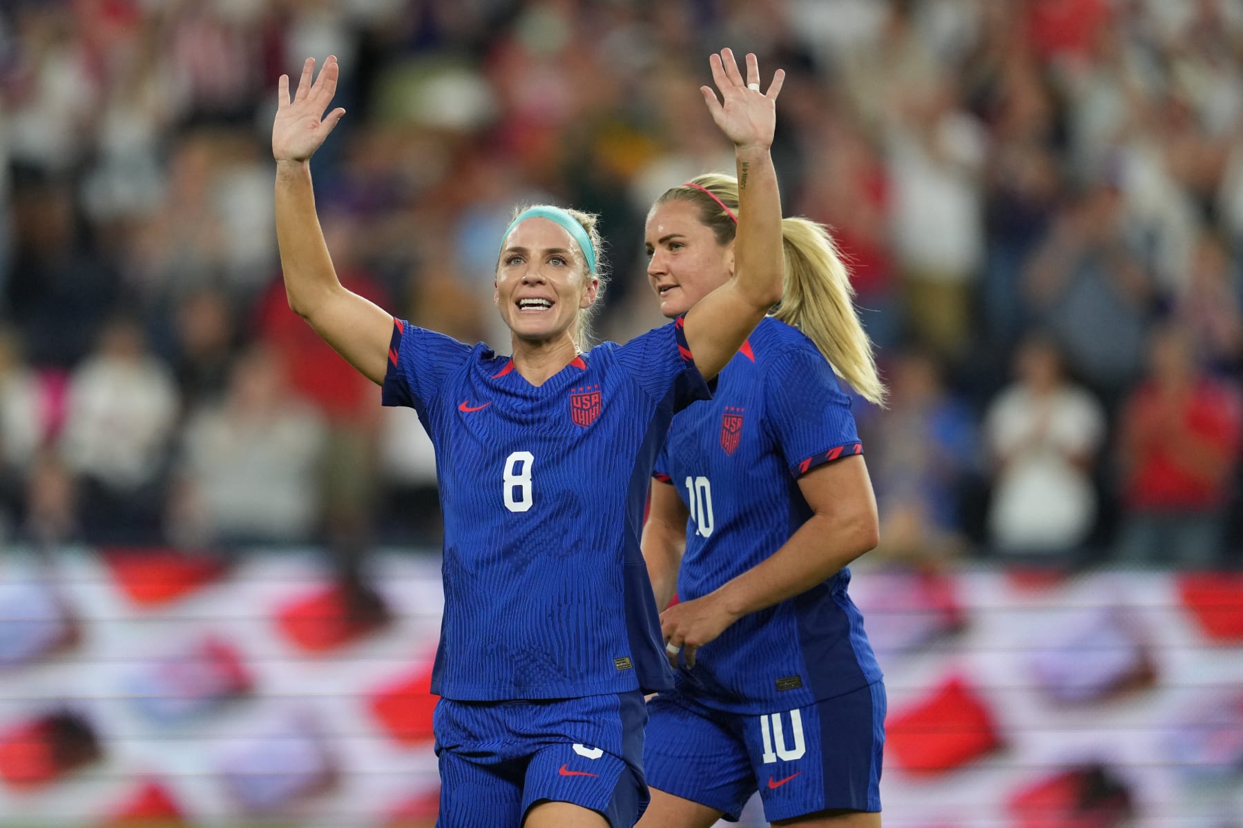 CINCINNATI, OHIO - SEPTEMBER 21: Julie Ertz #8 of the United States waves as she is subbed out  during the first half against South Africa at TQL Stadium on September 21, 2023 in Cincinnati, Ohio. (Photo by Brad Smith/ISI Photos/USSF/Getty Images for USSF)