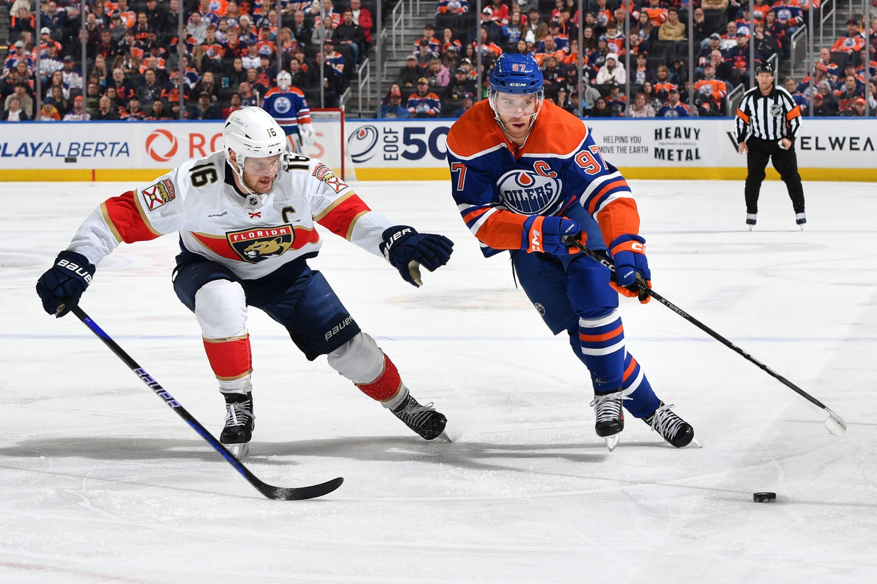 EDMONTON, CANADA - DECEMBER 16: Connor McDavid #97 of the Edmonton Oilers skates during the game against Aleksander Barkov #16 of the Florida Panthers at Rogers Place on December 16, 2023, in Edmonton, Alberta, Canada. (Photo by Andy Devlin/NHLI via Getty Images)