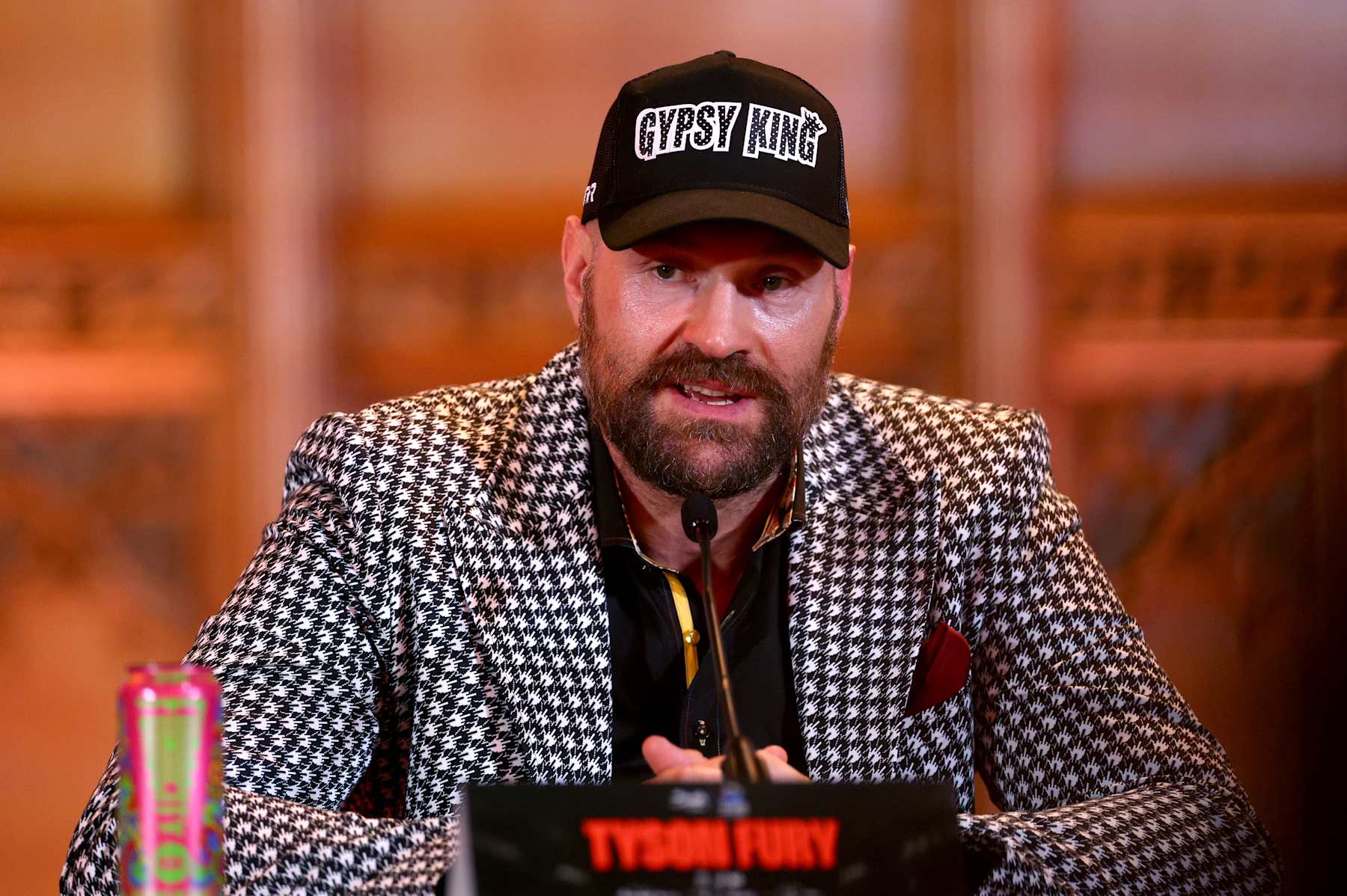 LONDON, ENGLAND - OCTOBER 23: Tyson Fury speaks to the media during the Usyk v Fury 2 Press Conference ahead of the IBO, WBC and WBO World Heavyweight titles' fight between Oleksandr Usyk and Tyson Fury at Guildhall on October 23, 2024 in London, England. (Photo by Andrew Redington/Getty Images)