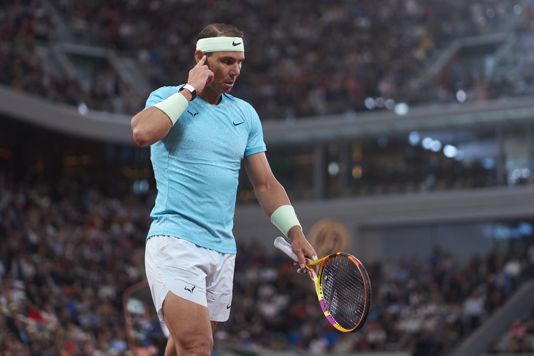 PARIS, FRANCE - MAY 27: Rafael Nadal of Spain looks on during his match against Alexander Zverev of Germany in the Men's Singles first round match on Day Two of the 2024 French Open at Roland Garros on May 27, 2024 in Paris, France. (Photo by Mateo Villalba/Getty Images)