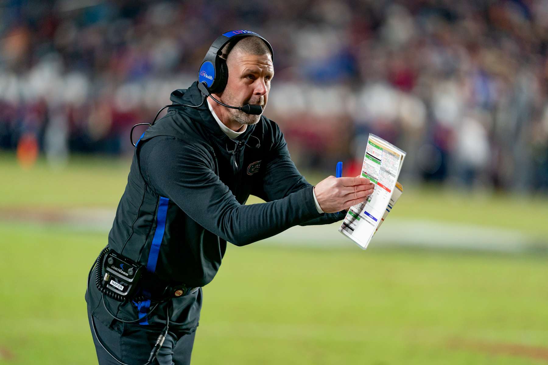 TALLAHASSEE, FL - NOVEMBER 30:Florida Gators head coach Billy Napier calls a timeout during a college football game between the Florida Gators and the Florida State Seminoles  on November 30th, 2024 at Doak Campbell Stadium in Tallahassee, FL. (Photo by Chris Leduc/Icon Sportswire via Getty Images)