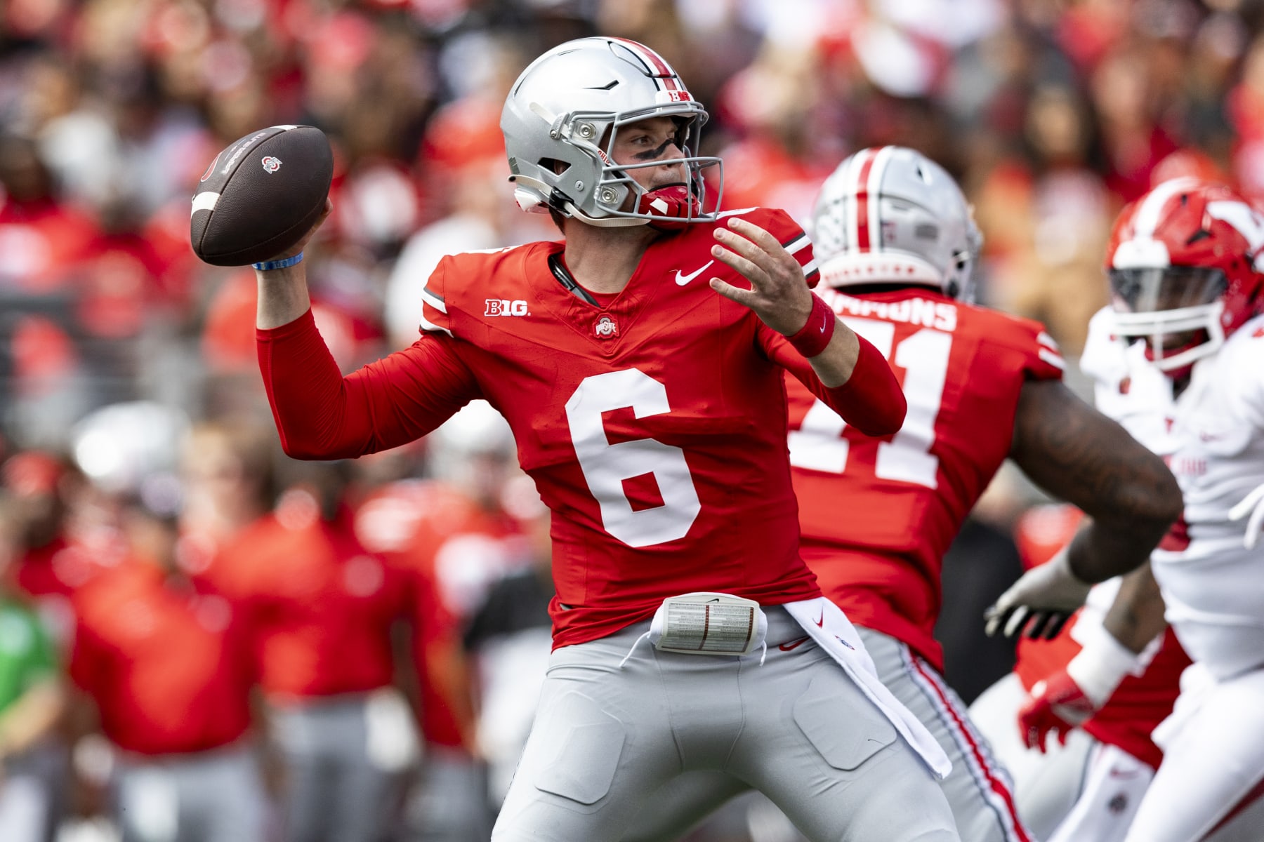 COLUMBUS, OHIO - SEPTEMBER 9: Kyle McCord #6 of the Ohio State Buckeyes throws a pass during the third quarter of the game against the Youngstown State Penguins at Ohio Stadium on September 9, 2023 in Columbus, Ohio. The Buckeyes beat the Penguins 35-7. (Photo by Lauren Leigh Bacho/Getty Images)