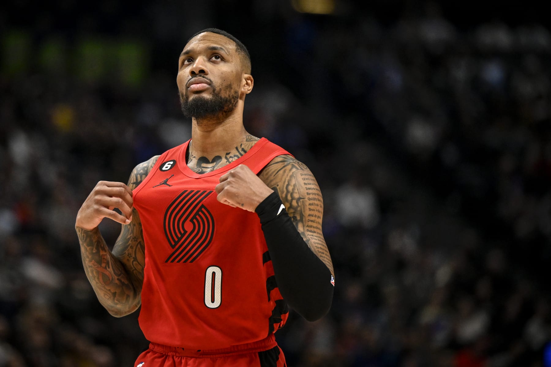 DENVER, CO - JANUARY 17: Damian Lillard (0) of the Portland Trail Blazers takes a breather against the Denver Nuggets during the third quarter at Ball Arena in Denver on Tuesday, January 17, 2023. (Photo by AAron Ontiveroz/MediaNews Group/The Denver Post via Getty Images)