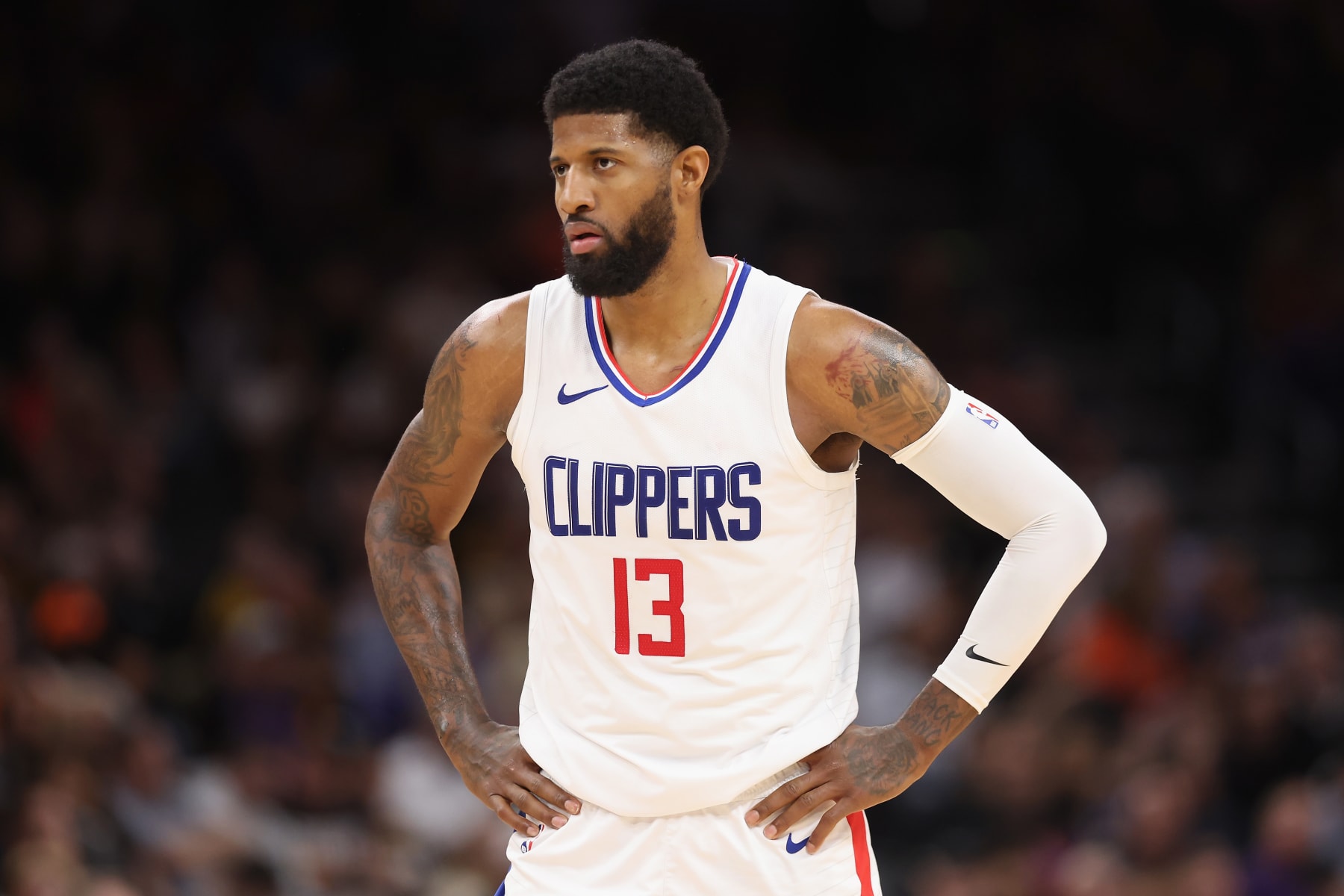 PHOENIX, ARIZONA - APRIL 09: Paul George #13 of the LA Clippers during the second half of the NBA game at Footprint Center on April 09, 2024 in Phoenix, Arizona.  NOTE TO USER: User expressly acknowledges and agrees that, by downloading and or using this photograph, User is consenting to the terms and conditions of the Getty Images License Agreement.  (Photo by Christian Petersen/Getty Images)
