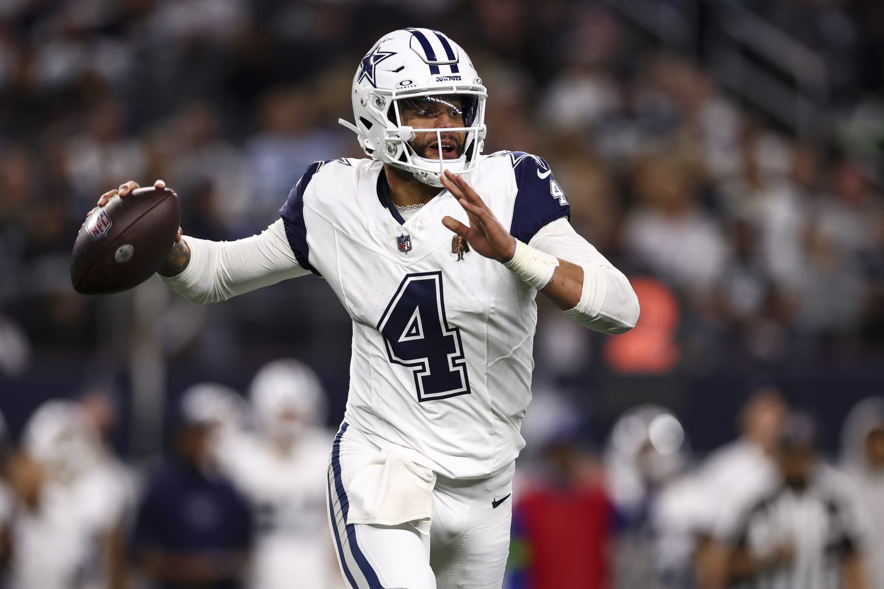 ARLINGTON, TX - DECEMBER 10: Dak Prescott #4 of the Dallas Cowboys throws a pass during the third quarter of an NFL football game against the Philadelphia Eagles at AT&T Stadium on December 10, 2023 in Arlington, Texas. (Photo by Kevin Sabitus/Getty Images)