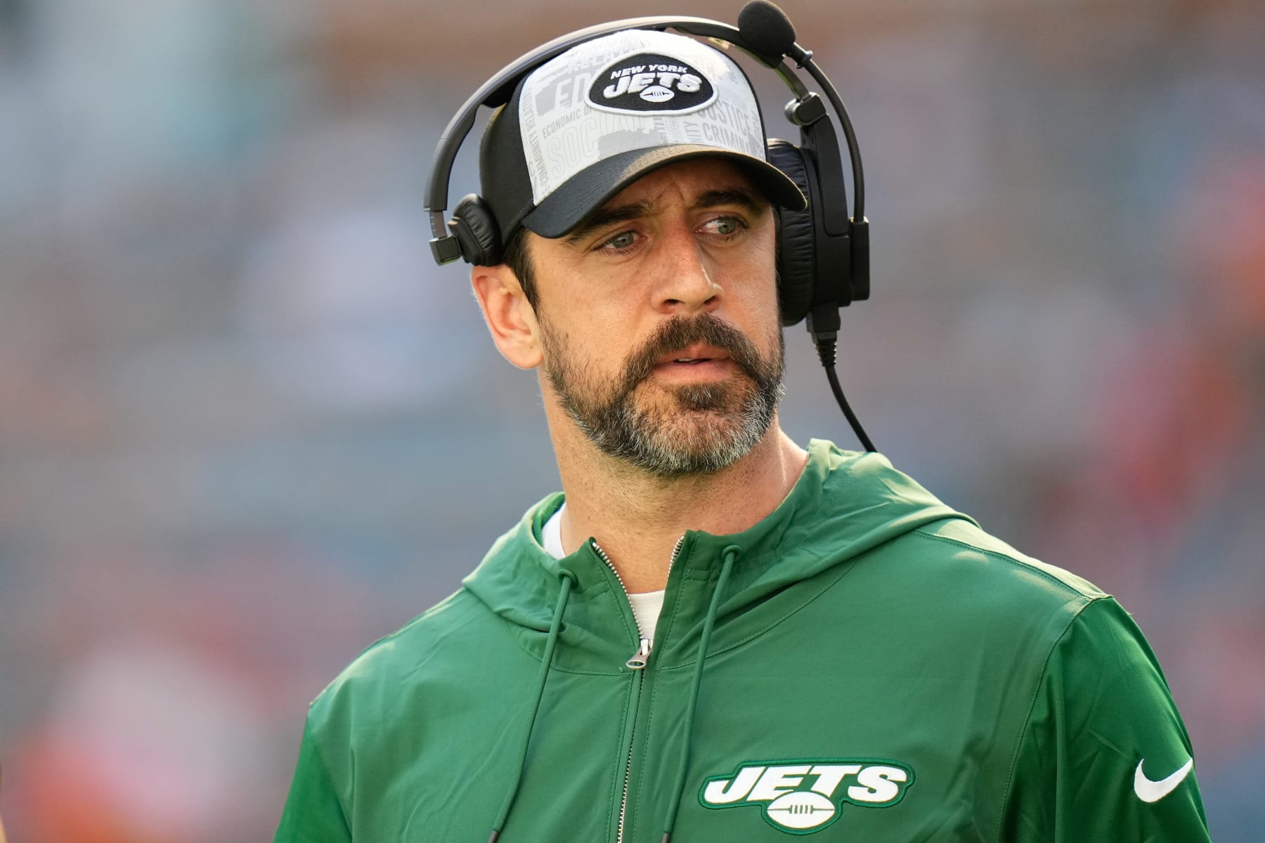 MIAMI GARDENS, FLORIDA - DECEMBER 17: Aaron Rodgers of the Green Bay Packers looks on during the first half against the Miami Dolphins at Hard Rock Stadium on December 17, 2023 in Miami Gardens, Florida. (Photo by Rich Storry/Getty Images)