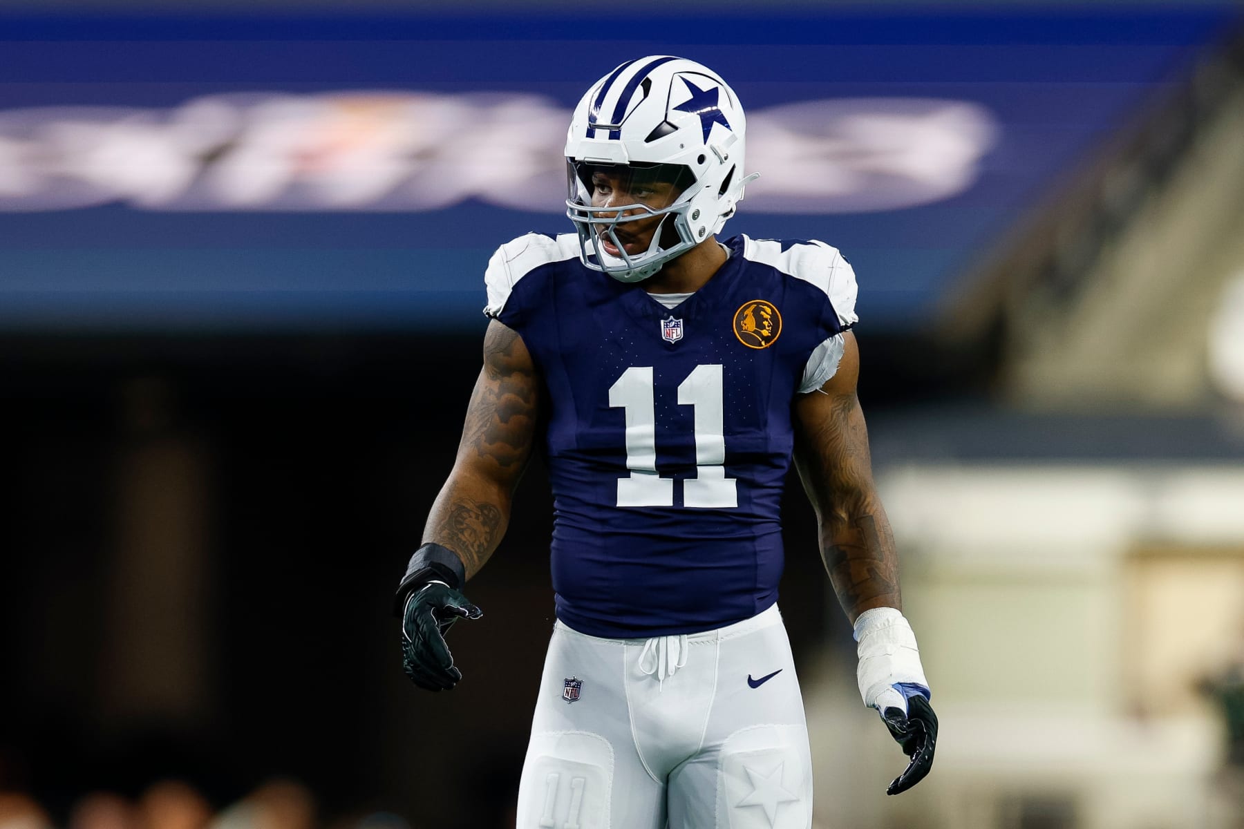 ARLINGTON, TEXAS - NOVEMBER 23: Micah Parsons #11 of the Dallas Cowboys lines up on the line of scrimmage against the Washington Commanders during the first half at AT&T Stadium on November 23, 2023 in Arlington, Texas. (Photo by Brandon Sloter/Image Of Sport/Getty Images) ARLINGTON, TEXAS - NOVEMBER 23: Micah Parsons #11 of the Dallas Cowboys lines up on the line of scrimmage against the Washington Commanders during the first half at AT&T Stadium on November 23, 2023 in Arlington, Texas. (Photo by Brandon Sloter/Image Of Sport/Getty Images)