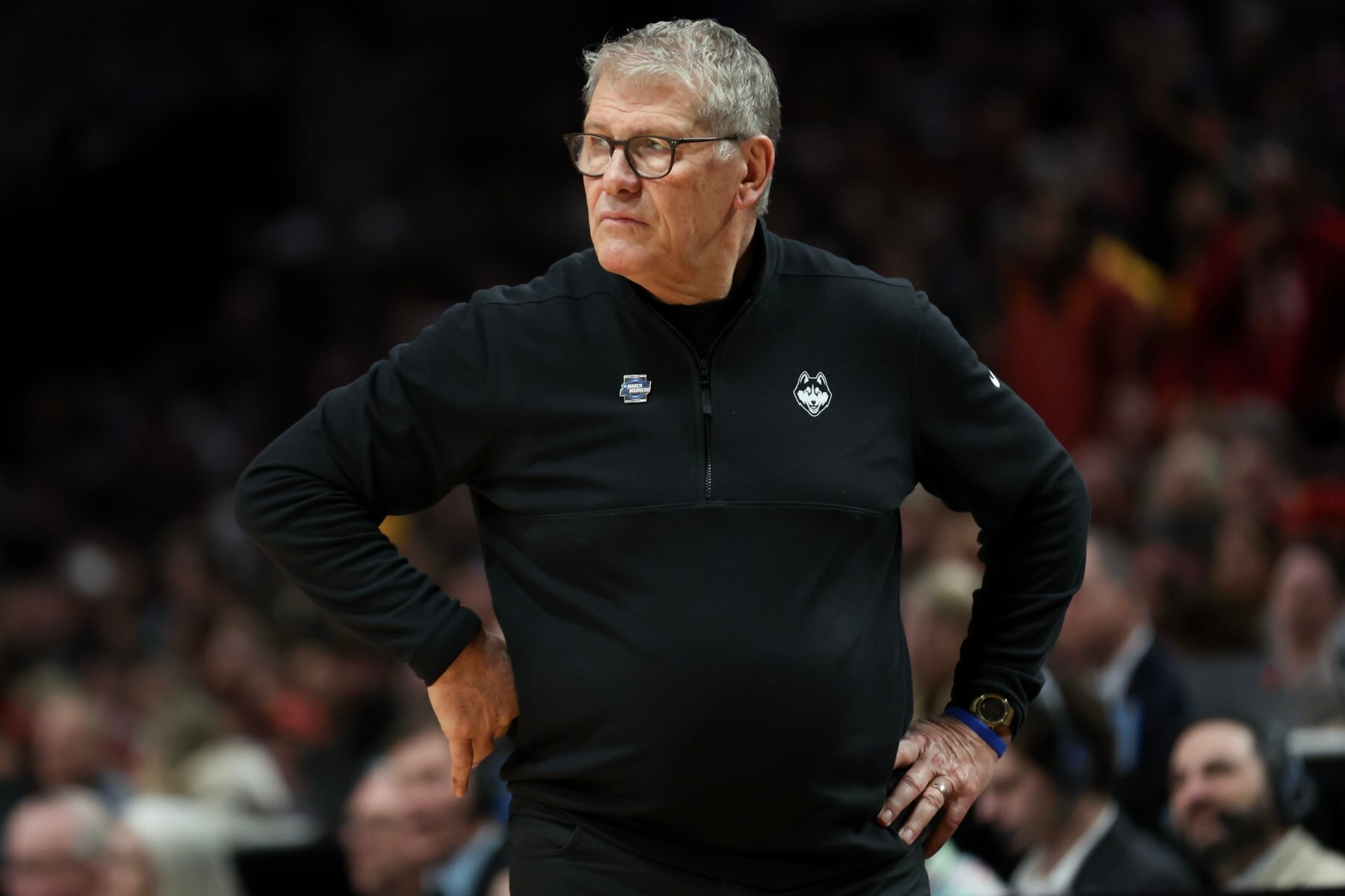 PORTLAND, OREGON - APRIL 01: Head coach Geno Auriemma of the Connecticut Huskies looks on during the first half against the USC Trojans in the Elite 8 round of the NCAA Women's Basketball Tournament at Moda Center on April 01, 2024 in Portland, Oregon. (Photo by Steph Chambers/Getty Images)