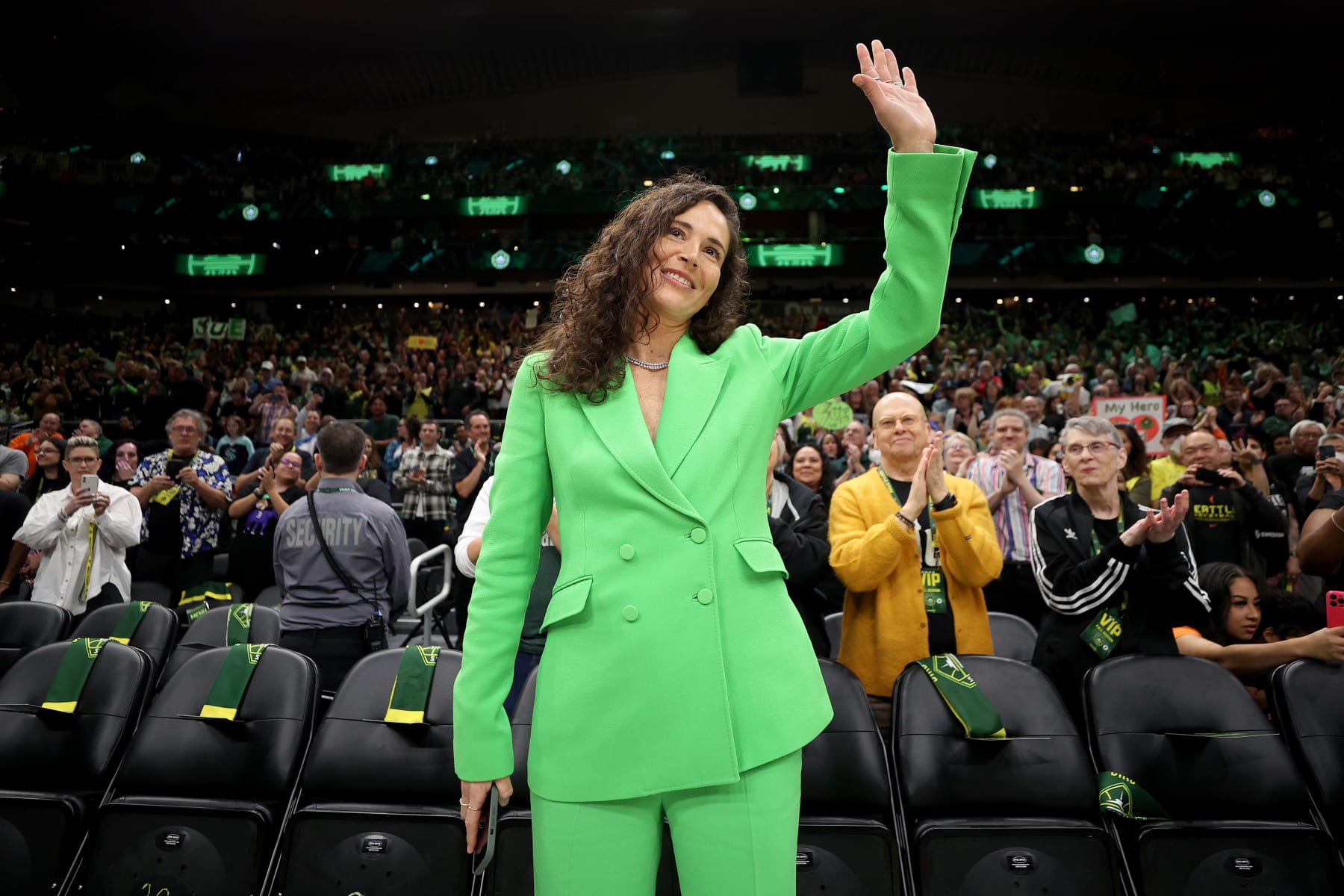 SEATTLE, WASHINGTON - JUNE 11: Sue Bird acknowledges the crowd before the game between the Seattle Storm and the Washington Mystics at Climate Pledge Arena on June 11, 2023 in Seattle, Washington. (Photo by Steph Chambers/Getty Images)