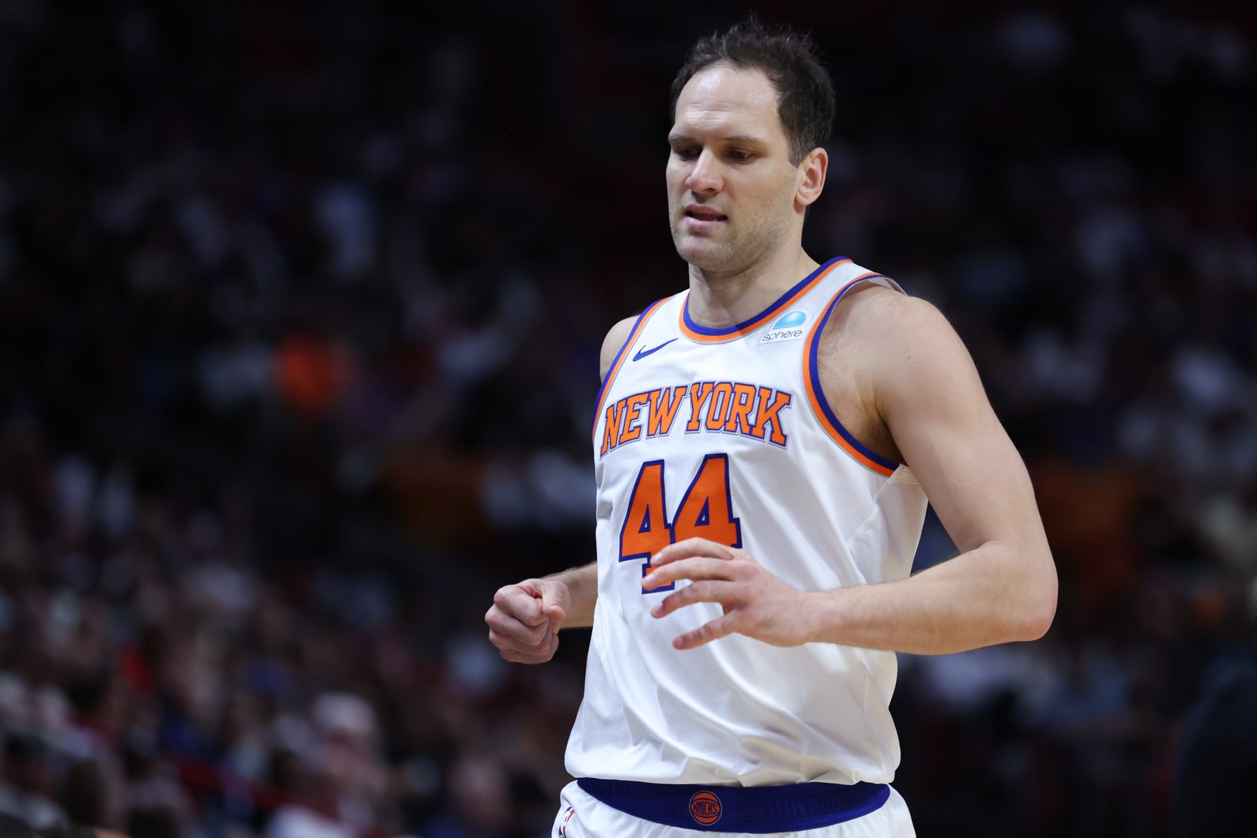 MIAMI, FLORIDA - APRIL 02: Bojan Bogdanovic #44 of the New York Knicks looks on against the Miami Heat during the first quarter of the game at Kaseya Center on April 02, 2024 in Miami, Florida. NOTE TO USER: User expressly acknowledges and agrees that, by downloading and or using this photograph, User is consenting to the terms and conditions of the Getty Images License Agreement. (Photo by Megan Briggs/Getty Images)