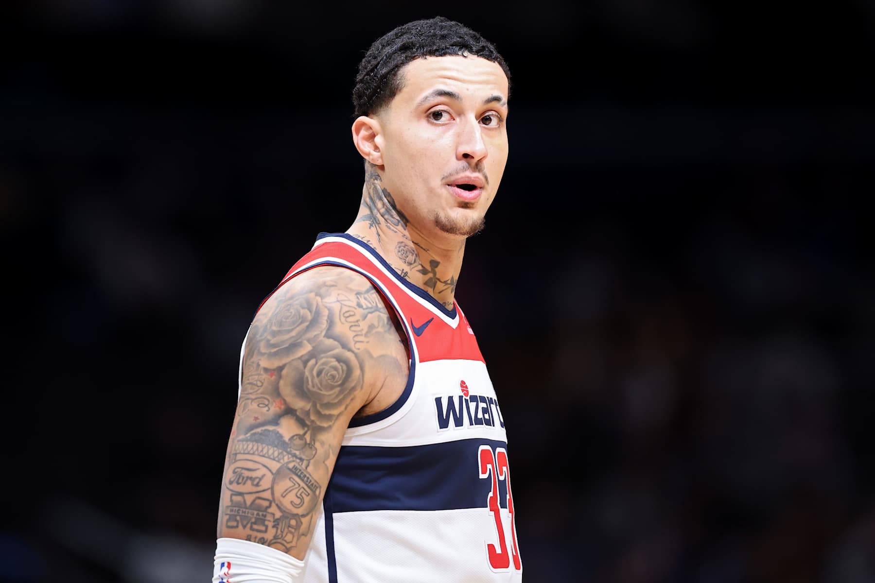 WASHINGTON, DC - JANUARY 12: Kyle Kuzma #33 of the Washington Wizards looks on against the Oklahoma City Thunder during the first half at Capital One Arena on January 12, 2025 in Washington, DC. NOTE TO USER: User expressly acknowledges and agrees that, by downloading and or using this photograph, User is consenting to the terms and conditions of the Getty Images License Agreement. (Photo by Patrick Smith/Getty Images)