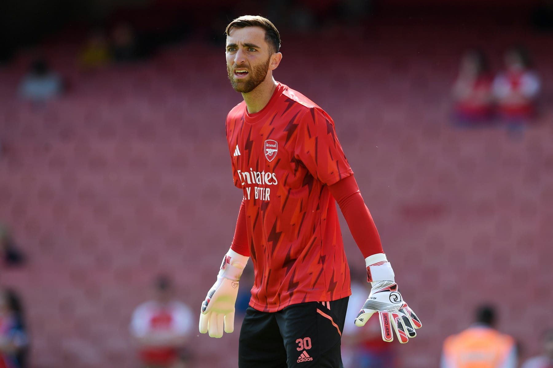 LONDON, ENGLAND - MAY 28: Matt Turner of Arsenal warms up prior to the Premier League match between Arsenal FC and Wolverhampton Wanderers at Emirates Stadium on May 28, 2023 in London, England. (Photo by David Price/Arsenal FC via Getty Images)