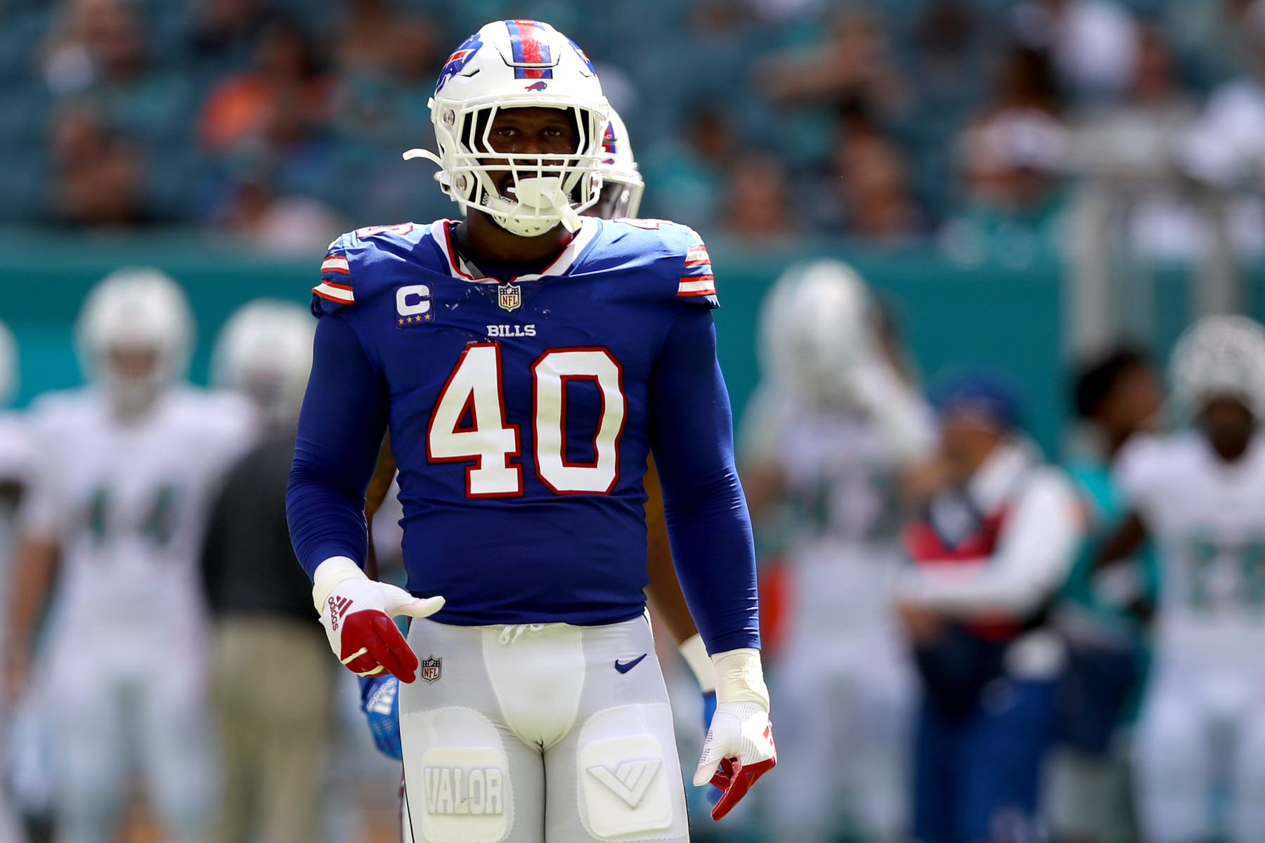 MIAMI GARDENS, FLORIDA - SEPTEMBER 25: Von Miller #40 of the Buffalo Bills looks on during the first half against the Miami Dolphins at Hard Rock Stadium on September 25, 2022 in Miami Gardens, Florida. (Photo by Megan Briggs/Getty Images)