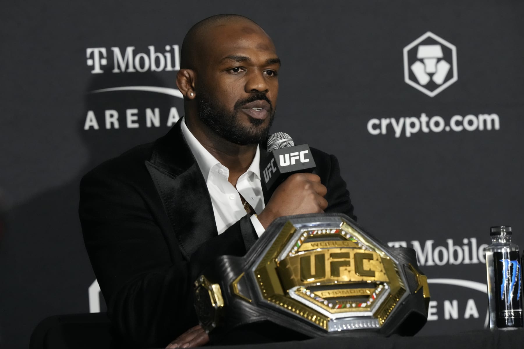 LAS VEGAS, NV - March 5: Jon Jones meets with the media following his win over Cyril Gane at T-Mobile Arena for UFC 285 -Jones vs Gane : Event on March 5, 2023 in Las Vegas, NV, United States.(Photo by Louis Grasse/PxImages/Icon Sportswire via Getty Images)
