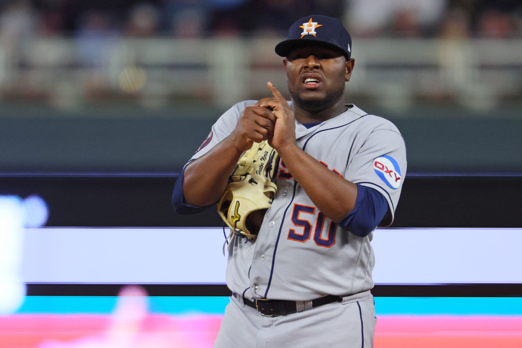 MINNEAPOLIS, MINNESOTA - OCTOBER 11: Hector Neris #50 of the Houston Astros looks on during the seventh inning against the Minnesota Twins in Game Four of the Division Series at Target Field on October 11, 2023 in Minneapolis, Minnesota. (Photo by Adam Bettcher/Getty Images)