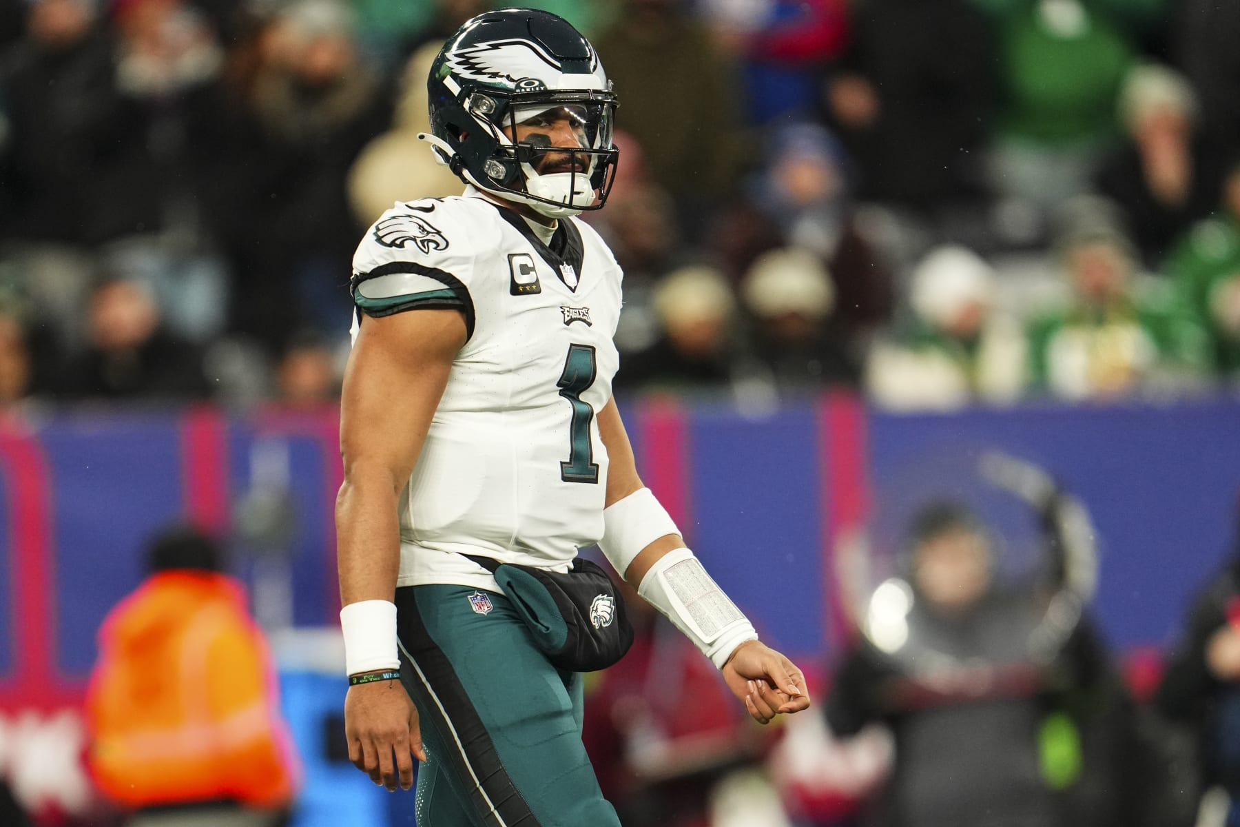 EAST RUTHERFORD, NJ - JANUARY 07: Jalen Hurts #1 of the Philadelphia Eagles looks on from the field during an NFL football game against the New York Giants at MetLife Stadium on January 7, 2024 in East Rutherford, New Jersey. (Photo by Cooper Neill/Getty Images)