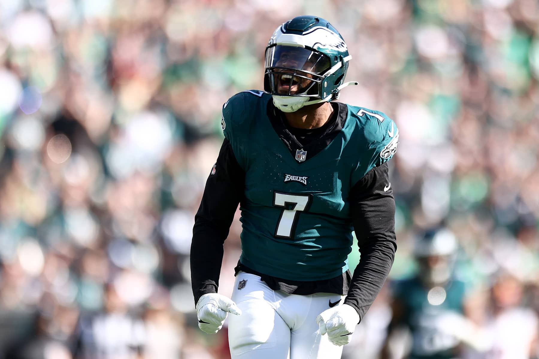 PHILADELPHIA, PENNSYLVANIA - OCTOBER 01: Haason Reddick #7 of the Philadelphia Eagles reacts during the fourth quarter against the Washington Commanders at Lincoln Financial Field on October 01, 2023 in Philadelphia, Pennsylvania. (Photo by Tim Nwachukwu/Getty Images)